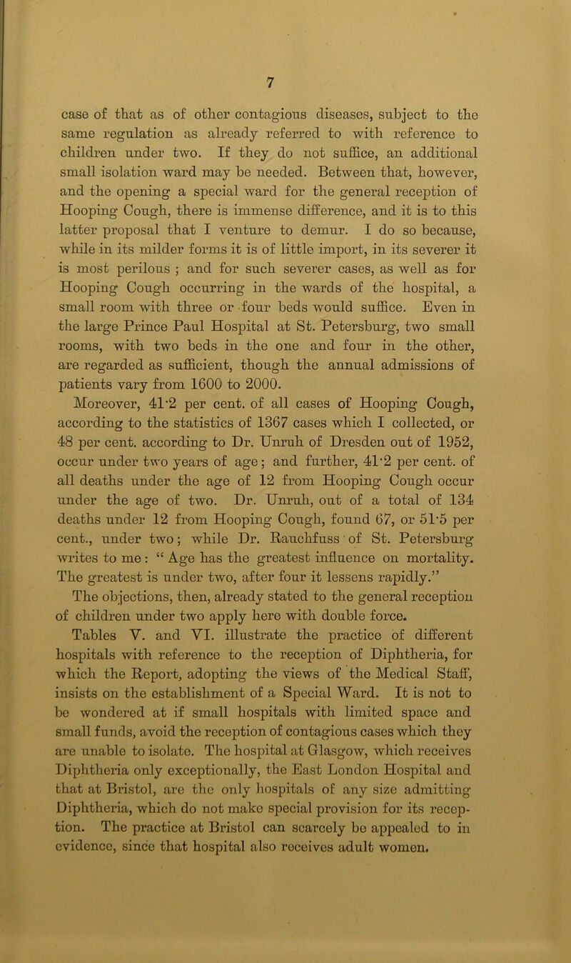 case of that as of other contagions diseases, subject to the same regulation as already referred to with reference to children under two. If they do not suffice, an additional small isolation ward may be needed. Between that, however, and the opening a special ward for the general reception of Hooping Cough, there is immense difference, and it is to this latter proposal that I venture to demur. I do so because, while in its milder forms it is of little import, in its severer it is most perilous ; and for such severer cases, as well as for Hooping Cough occurring in the wards of the hospital, a small room with three or four beds would suffice. Even in the large Prince Paul Hospital at St. Petersburg, two small rooms, with two beds in the one and four in the other, are regarded as sufficient, though the annual admissions of patients vary from 1600 to 2000. Moreover, 41 *2 per cent, of all cases of Hooping Cough, according to the statistics of 1367 cases which I collected, or 48 per cent, according to Dr. Unruh of Dresden out of 1952, occur under two years of age; and further, 41 ‘2 per cent, of all deaths under the age of 12 fi-om Hooping Cough occur under the age of two. Dr. Unruh, out of a total of 134 deaths under 12 from Hooping Cough, found 67, or 5P5 per cent., under two; while Dr. Rauchfuss' of St. Petersburg writes to me : “ Age has the greatest influence on mortality. The greatest is under two, after four it lessens rapidly.” The objections, then, already stated to the general reception of children under two apply here with double force. Tables V. and YI. illustrate the practice of different hospitals with reference to the reception of Diphtheria, for which the Report, adopting the views of the Medical Staff, insists on the establishment of a Special Ward. It is not to be wondered at if small hospitals with limited space and small funds, avoid the reception of contagious cases which they are unable to isolate. The hospital at Glasgow, which receives Diphtheria only exceptionally, the East London Hospital and that at Bristol, are the only hospitals of any size admitting Diphtheria, which do not make special provision for its recep- tion. The practice at Bristol can scarcely be appealed to in evidence, since that hospital also roceives adult women.