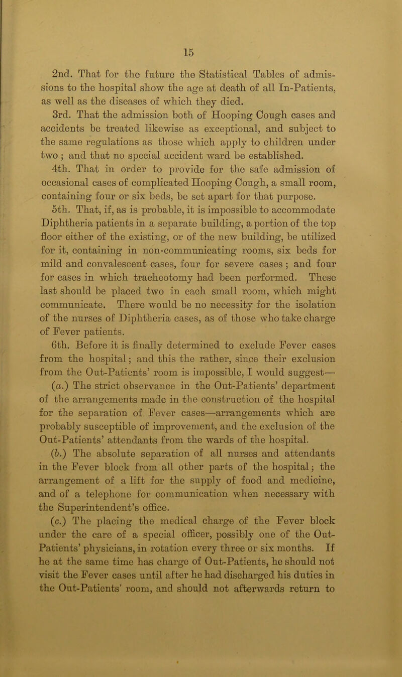 2nd. That for the future the Statistical Tables of admis- sions to the hospital show the age at death of all In-Patients, as well as the diseases of which they died. 3rd. That the admission both of Hooping Cough cases and accidents be treated likewise as exceptional, and subject to the same regulations as those which apply to children under two ; and that no special accident ward be established. 4th. That in order to provide for the safe admission of occasional cases of complicated Hooping Cough, a small room, containing four or six beds, be set apart for that purpose. 5th. That, if, as is probable, it is impossible to accommodate Diphtheria patients in a separate building, a portion of the top floor either of the existing, or of the new building, be utilized for it, containing in non-communicating rooms, six beds for mild and convalescent cases, four for severe cases; and four for cases in which tracheotomy had been performed. These last should be placed two in each small room, which might communicate. There would be no necessity for the isolation of the nurses of Diphtheria cases, as of those who take charge of Fever patients. 6th. Before it is finally determined to exclude Fever cases from the hospital; and this the rather, since their exclusion from the Out-Patients’ room is impossible, I would suggest— (a.) The strict observance in the Out-Patients’ department of the arrangements made in the construction of the hospital for the separation of Fever cases—arrangements which are probably susceptible of improvement, and the exclusion of the Out-Patients’ attendants from the wards of the hospital. (b.) The absolute separation of all nurses and attendants in the Fever block from all other parts of the hospital; the arrangement of a lift for the supply of food and medicine, and of a telephone for communication when necessary with the Superintendent’s office. (c.) The placing the medical charge of the Fever block under the care of a special officer, possibly one of the Out- Patients’ physicians, in rotation every three or six months. If he at the same time has charge of Out-Patients, he should not visit the Fever cases until after he had discharged his duties in the Out-Patients’ room, and should not afterwards return to