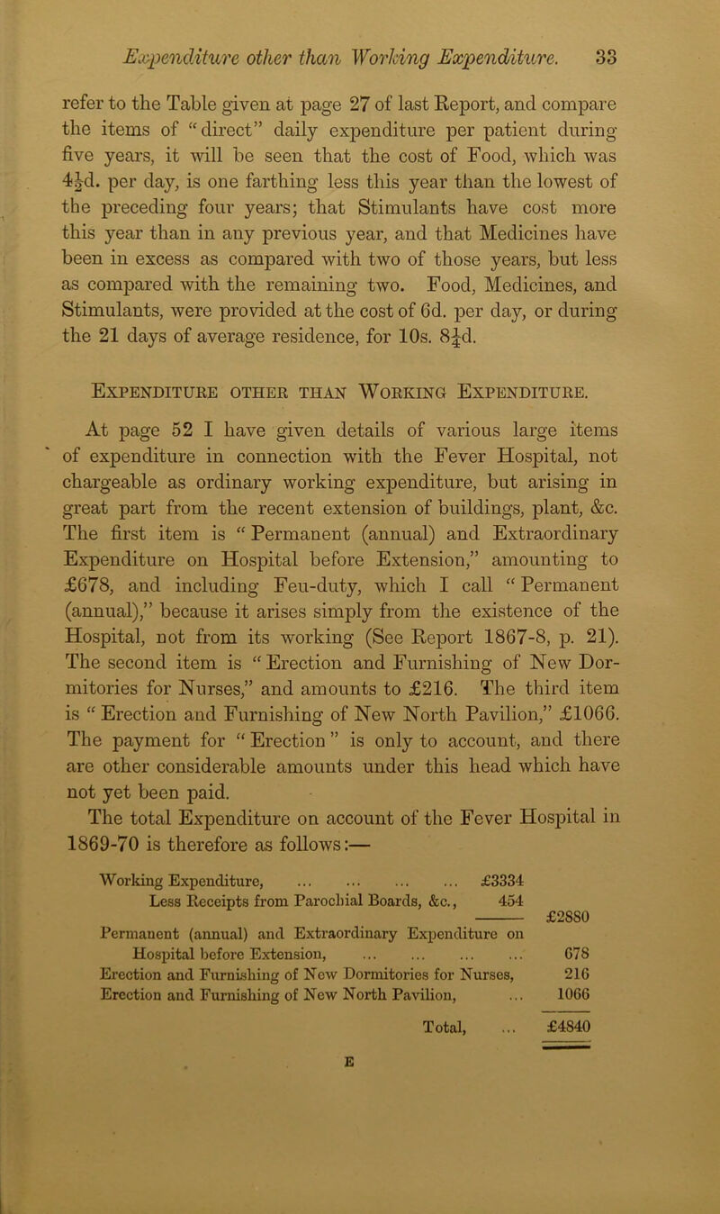 refer to the Table given at page 27 of last Report, and compare the items of “direct” daily expenditure per patient during five years, it will be seen that the cost of Food, which was 4|d. per day, is one farthing less this year than the lowest of the preceding four years; that Stimulants have cost more this year than in any previous year, and that Medicines have been in excess as compared with two of those years, but less as compared with the remaining two. Food, Medicines, and Stimulants, were provided at the cost of 6d. per day, or during the 21 days of average residence, for 10s. 8^d. Expenditure other than Working Expenditure. At page 52 I have given details of various large items of expenditure in connection with the Fever Hospital, not chargeable as ordinary working expenditure, but arising in great part from the recent extension of buildings, plant, &c. The first item is “ Permanent (annual) and Extraordinary Expenditure on Hospital before Extension,” amounting to £678, and including Feu-duty, which I call “Permanent (annual),” because it arises simply from the existence of the Hospital, not from its working (See Report 1867-8, p. 21). The second item is “Erection and Furnishing of New Dor- mitories for Nurses,” and amounts to £216. The third item is “ Erection and Furnishing of New North Pavilion,” £1066. The payment for “ Erection ” is only to account, and there are other considerable amounts under this head which have not yet been paid. The total Expenditure on account of the Fever Hospital in 1869-70 is therefore as follows:— Working Expenditure, £3334 Less Receipts from Parochial Boards, &c., 454 £2SS0 Permanent (annual) and Extraordinary Expenditure on Hospital before Extension, G78 Erection and Furnishing of New Dormitories for Nurses, 21G Erection and Furnishing of New North Pavilion, ... 1066 Total, ... £4S40 E