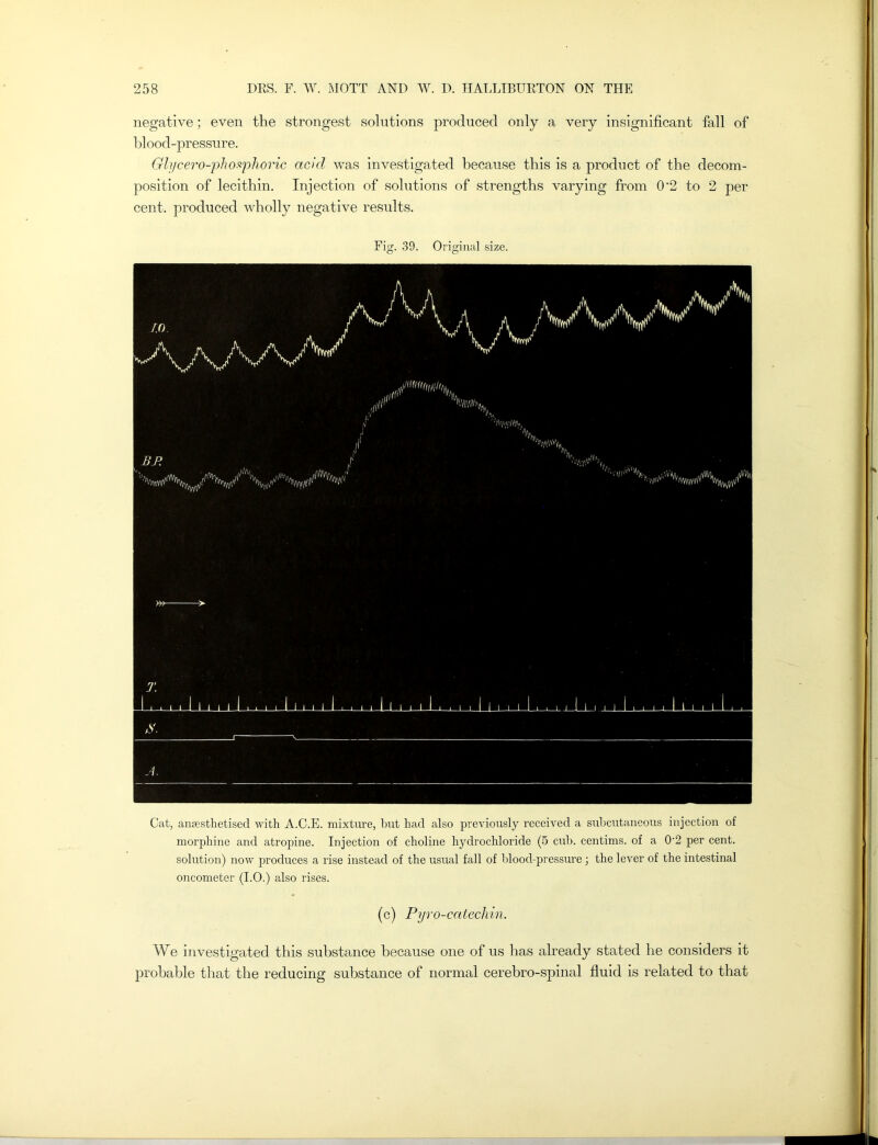 negative; even the strongest solutions produced only a very insignificant fall of blood-pressure. Glycero-phosphoric acid was investigated because this is a product of the decom- position of lecithin. Injection of solutions of strengths varying from 0'2 to 2 per cent, produced wholly negative results. Fig. 39. Original size. Cat, anaesthetised with A.C.E. mixture, but had also previously received a subcutaneous injection of morphine and atropine. Injection of choline hydrochloride (5 cub. centims. of a 02 per cent, solution) now produces a rise instead of the usual fall of blood-pressure; the lever of the intestinal oncometer (I.O.) also rises. (c) Pyro -catechin. We investigated this substance because one of us has already stated he considers it probable that the reducing substance of normal cerebro-spinal fluid is related to that