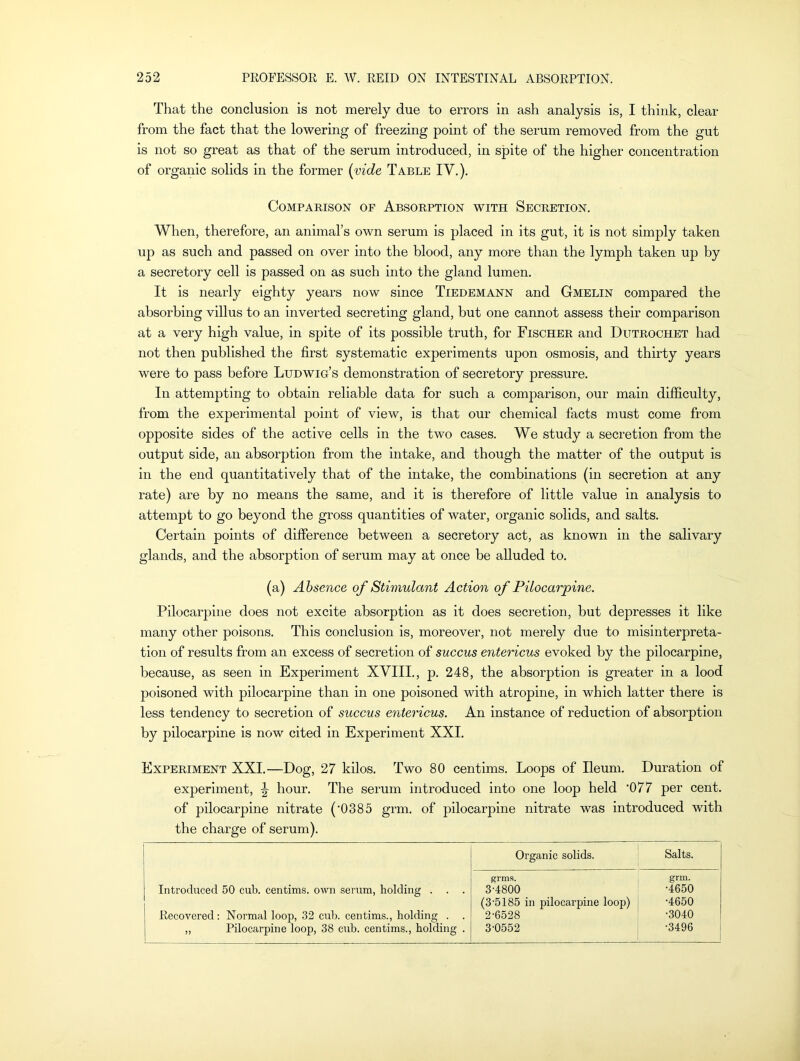 That the conclusion is not merely due to errors in ash analysis is, I think, clear from the fact that the lowering of freezing point of the serum removed from the gut is not so great as that of the serum introduced, in spite of the higher concentration of organic solids in the former (vide Table IV.). Comparison of Absorption with Secretion. When, therefore, an animal’s own serum is placed in its gut, it is not simply taken up as such and passed on over into the blood, any more than the lymph taken up by a secretory cell is passed on as such into the gland lumen. It is nearly eighty years now since Tiedemann and Gmelin compared the absorbing villus to an inverted secreting gland, but one cannot assess their comparison at a very high value, in spite of its possible truth, for Fischer and Dittrochet had not then published the first systematic experiments upon osmosis, and thirty years were to pass before Ludwig’s demonstration of secretory pressure. In attempting to obtain reliable data for such a comparison, our main difficulty, from the experimental point of view, is that our chemical facts must come from opposite sides of the active cells in the two cases. We study a secretion from the output side, an absorption from the intake, and though the matter of the output is in the end quantitatively that of the intake, the combinations (in secretion at any rate) are by no means the same, and it is therefore of little value in analysis to attempt to go beyond the gross quantities of water, organic solids, and salts. Certain points of difference between a secretory act, as known in the salivary glands, and the absorption of serum may at once be alluded to. (a) Absence of Stimulant Action of Pilocarjpine. Pilocarpine does not excite absorption as it does secretion, but depresses it like many other poisons. This conclusion is, moreover, not merely due to misinterpreta- tion of results from an excess of secretion of succus entericus evoked by the pilocarpine, because, as seen in Experiment XVIII., p. 248, the absorption is greater in a lood poisoned with pilocarpine than in one poisoned with atropine, in which latter there is less tendency to secretion of succus entericus. An instance of reduction of absorption by pilocarpine is now cited in Experiment XXI. Experiment XXI.—Dog, 27 kilos. Two 80 centims. Loops of Ileum. Duration of experiment, \ hour. The serum introduced into one loop held '077 per cent, of pilocarpine nitrate ('0385 grm. of pilocarpine nitrate was introduced with the charge of serum). Organic solids. Salts. grms. grm. Introduced 50 cub. centims. own serum, holding . . . 3-4800 •4650 (3-5185 in pilocarpine loop) •4650 Recovered: Normal loop, 32 cub. centims., holding . . 2-6528 •3040 ,, Pilocarpine loop, 38 cub. centims., holding . 3-0552 •3496