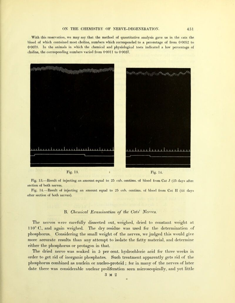 With this reservation, we may say that the method of quantitative analysis gave us in the cats the blood of which contained most choline, numbers which corresponded to a percentage of from 0'0052 to 0'0078. In the animals in which the chemical and physiological tests indicated a low percentage of choline, the corresponding numbers varied from O'OOll to 0'0037. Fig. 13. II Fig. 14. Fig. 13.—Result of injecting an amount equal to 25 cub. centims. of blood from Cat J (25 days after section of both nerves. Fig. 14.—Result of injecting an amount equal to 25 cub. centims. of blood from Cat H (44 days after section of both nerves). B. Chemical Examination of the Cats Nerves. The nerves were carefully dissected out, weighed, dried to constant weight at 110° C., and again weighed. The dry residue w^as used for the determination of phosphorus. Considering the small weight of the nerves, we judged this wmuld give more accurate results than any attempt to isolate the fatty material, and determine either the phosphorus or protagon in that. The dried nerve was soaked in 5 per cent, hydrochloric acid for three weeks in order to get rid of inorganic phosphates. Such treatment apparently gets rid of the phosphorus combined as nuclein or nucleo-proteid ; for in many of the nerves of later date there was considerable nuclear proliferation seen microscopically, and yet little 3 M 2