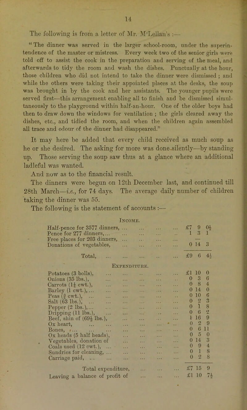 The following is from a letter of Mr. M'Lellan’s :— “The dinner was served in the larger school-room, under the superin- tendence of the master or mistress. Every week two of the senior girls were told off to assist the cook in the preparation and serving of the meal, and afterwards to tidy the room and wash the dishes. Punctually at the hour, those children who did not intend to take the dinner were dismissed ; aud while the others were taking their appointed places at the desks, the soup was brought in by the cook and her assistants. The younger pupils were served first—this arrangement enabling all to finish and be dismissed simul- taneously to the playground within half-an-hour. One of the older boys had then to draw down the windows for ventilation ; the girls cleared away the dishes, etc., and tidied the room, and when the children again assembled all trace and odour of the dinner had disappeared.” It may here be added that every child received as much soup as he or she desired. The asking for more was done-silently—by standing up. Those serving the soup saw thus at a glance where an additional ladleful was wanted. And now as to the financial result. The dinners were begun on 12th December last, and continued till 28tli March—i.e., for 74 days. The average daily number of children taking the dinner was 55. The following is the statement of accounts :— Income. Half-pence for 3577 dinners, £7 9 Oh Pence for 277 dinners,... 1 3 1 Free places for 203 dinners, Donations of vegetables, 0 14 3 Total, ... £9 6 4 h Expenditure. Potatoes (3 bolls), £1 10 0 Onions (35 lbs.), 0 3 6 Carrots (11 cwt.), 0 S 4 Barley (1 cwt.), 0 14 0 Peas (f cwt.), 0 10 6 Salt (63 lbs.), 0 2 3 Pepper (2 lbs.),... 0 i 8 Dripping (11 lbs.), 0 6 2 Beef, shin of (69$ lbs.), 1 16 9 Ox heart, 0 2 9 Bones, 0 6 11 Ox heads (5 half heads), 0 5 0 Vegetables, donation of 0 14 3 Coals used (12 cwt.), ... 0 9 4 Sundries for cleaning, 0 1 S Carriage paid, 0 2 8 Total expenditure, £7 15 9 Leaving a balance of profit of £1 10 7*