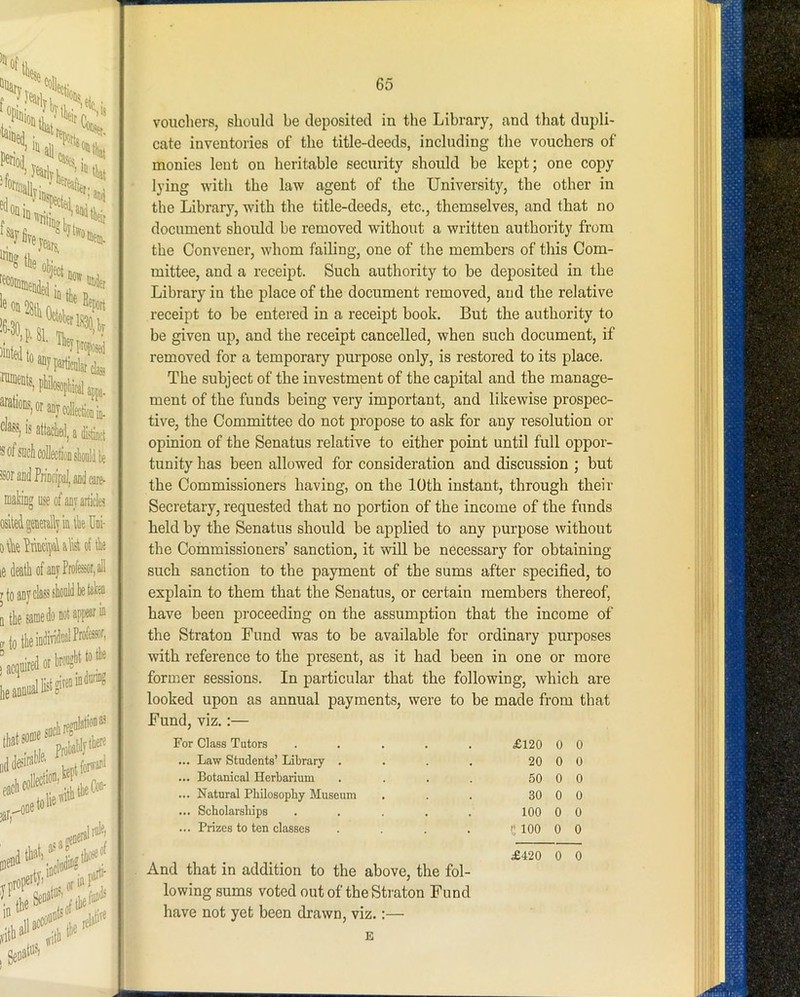 sor and PriDcipaJ, and care- DiakiDg use of auv articles osltedgenetallyintlieUni- olkfMpalaM of tie r to auy class sliould 1)6 fab vouchers, should be deposited in the Library, and that dupli- cate inventories of the title-deeds, including the vouchers of monies lent on heritable security should be kept; one copy lying with the law agent of the University, the other in the Library, with the title-deeds, etc., themselves, and that no document should be removed without a written authority from I the Convener, whom failing, one of the members of this Com- I mittee, and a receipt. Such authority to be deposited in the j Library in the place of the document removed, and the relative I receipt to be entered in a receipt book. But the authority to be given up, and the receipt cancelled, when such document, if removed for a temporary purpose only, is restored to its place. The subject of the investment of the capital and the manage- ment of the funds being very important, and likewise prospec- j| tive, the Committee do not propose to ask for any resolution or I opinion of the Senatus relative to either point until full oppor- I tunity has been allowed for consideration and discussion ; but I the Commissioners having, on the 10th instant, through their i Secretary, requested that no portion of the income of the funds held by the Senatus should be applied to any purpose without the Commissioners’ sanetion, it will be necessary for obtaining such sanction to the payment of the sums after specified, to explain to them that the Senatus, or certain members thereof, have been proceeding on the assumption that the income of the Straton Fund was to be available for ordinary purposes (with reference to the present, as it had been in one or more former sessions. In particular that the following, which are , looked upon as annual payments, were to be made from that Fund, viz.:— For Class Tutors .... £120 0 0 ... Law Students’ Library . 20 0 0 ... Botanical Herbarium 50 0 0 ... Natural Philosophy Museum 30 0 0 ... Scholarships .... 100 0 0 ... Prizes to ten classes 100 0 0 s £420 0 0 I And that in addition to the above, the fol- 'd lowing sums voted out of the Straton Fund I have not yet been drawn, viz.:—