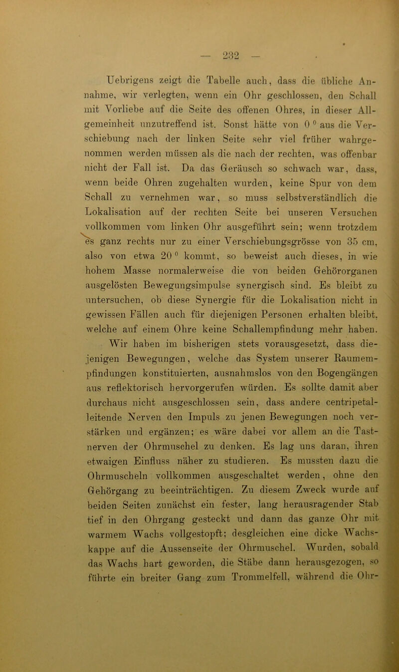 OQO Uebrigens zeigt die Tabelle auch, dass die übliche An- nahme, wir verlegten, wenn ein Ohr geschlossen, den Schall mit Vorliebe auf die Seite des offenen Ohres, in dieser All- gemeinheit unzutreffend ist. Sonst hätte von 0 ® aus die Ver- schiebung nach der linken Seite sehr viel früher wahrge- nommen werden müssen als die nach der rechten, was offenbar nicht der Fall ist. Da das Geräusch so schwach war, dass, wenn beide Ohren zugehalten wurden, keine Spur von dem Schall zu vernehmen war, so muss selbstverständlich die Lokalisation auf der rechten Seite bei unseren Versuchen vollkommen vom linken Ohr ausgeführt sein; wenn trotzdem ^s ganz rechts nur zu einer Verschiebungsgrösse von 35 cm, also von etwa 20® kommt, so beweist auch dieses, in wie hohem Masse normalerweise die von beiden Gehörorganen ausgelösten Bewegungsimpulse synergisch sind. Es bleibt zu untersuchen, ob diese Synergie für die Lokalisation nicht in gewissen Fällen auch für diejenigen Personen erhalten bleibt, welche auf einem Ohre keine Schallempfindung mehr haben. Wir haben im bisherigen stets vorausgesetzt, dass die- jenigen Bewegungen, welche das System unserer Raumem- pfindungen konstituierten, ausnahmslos von den Bogengängen aus reflektorisch hervorgerufen würden. Es sollte damit aber durchaus nicht ausgeschlossen sein, dass andere centripetal- leitende Nerven den Impuls zu jenen Bewegungen noch ver- stärken und ergänzen; es wäre dabei vor allem an die Tast- nerven der Ohrmuschel zu denken. Es lag uns daran, ihren etwaigen Einfluss näher zu studieren. Es mussten dazu die Ohrmuscheln vollkommen ausgeschaltet werden, ohne den Gehörgang zu beeinträchtigen. Zu diesem Zweck wurde auf beiden Seiten zunächst ein fester, lang herausragender Stab tief in den Ohrgang gesteckt und dann das ganze Ohr mit warmem Wachs vollgestopft; desgleichen eine dicke Wachs- kappe auf die Aussenseite der Ohrmuschel. Wurden, sobald das Wachs hart geworden, die Stäbe dann herausgezogen, so führte ein breiter Gang zum Trommelfell, während die Olir-