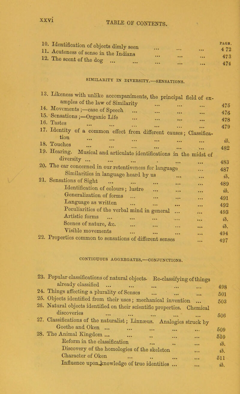 10. Identification of objects dimly seen 11. Acuteness of sense in the Indians 12. The scent of the dog FAGH. 4 72 473 474 SIMILAEITY IN DIVEESITY.—SENSATIONS. 13. Likeness with unlike accompaniments, the principal field of ex. amples of the law of Similarity 14. Movements case of Speech ... ’’’ 15. Sensations;—Organic Life 16. Tastes . 17. Identity of a common effect from different causes; Classifica- tion 18. Touches 19. Hearing. Musical and articulate identifications in the midst of diversity ... 20. The car concerned in our retentiveness for language Similarities in language heard by us 21. Sensations of Sight Identification of colours; lustre Generalization of forms Language as written Peculiarities of the verbal mind in general ... Artistic forms Scenes of nature, &c. Visible movements 22. Properties common to sensations of different senses 475 476 478 479 ih. 482 483 487 ih. 489 ih. 491 492 493 ih. ih, 494 497 CONTIGUOUS AGGREGATES.—CONJUNCTIONS. —3. Popular classifications of natural objects. Re-classifying of things already classified ... 24. Things affecting a plurality of Senses 26. Objects identified from their uses; mechanical invention 26. Natural objects identified on their scientific properties. Chemical discoveries 27. Classifications of the naturalist; Linnaeus. Analogies struck by Goethe and Oken ... 28. The Animal Kingdom ... Reform in the classification Discovery of the homologies of the skeleton Character of Oken ••• •• ••• ••• Influence uponjaiowledgo of true identities ... 498 501 503 506 609 510 ih, ih. 611 ih.
