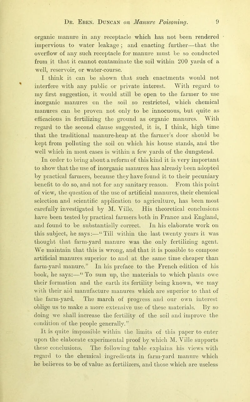 organic manure in any receptacle which has not been rendered • impervious to water leakage • and enacting further—that the overflow of any such receptacle for manure must be so conducted from it that it cannot contaminate the soil within 200 yards of a well, reservoir, or water-course. I think it can be shown that such enactments would not interfere with any public or private interest. With regard to my first suggestion, it would still be open to the farmer to use inorganic manures on the soil so restricted, which chemical manures can be proven not only to be innocuous, but quite as efficacious in fertilizing the ground as organic manures. With regard to the second clause suggested, it is, I think, high time that the traditional manure-heap at the farmer’s door should be kept from polluting the soil on which his house stands, and the well which in most cases is within a few yards of the dungstead. In order to bring about a reform of this kind it is very important to show that the use of inorganic manures has already been adopted by practical farmers, because they have found it to their pecuniary benefit to do so, and not for any sanitary reason. From this point of view, the question of the use of artificial manures, their chemical selection and scientific application to agriculture, has been most carefully investigated by M. Yille. His theoretical conclusions have been tested by practical farmers both in France and England, and found to be substantially correct. In his elaborate work on this subject, he says:—“Till within the last twenty years it was thought that farm-yard manure was the only fertilizing agent. We maintain that this is wrong, and that it is possible to compose artificial manures superior to and at the same time cheaper than farm-yard manure.” In his preface to the French edition of his book, he says:—“ To sum up, the materials to which plants owe their formation and the earth its fertility being known, we may with their aid manufacture manures which are superior to that of the farm-yard. The march of progress and our own interest oblige us to make a more extensive use of these materials. By so doing we shall increase the fertility of the soil and improve the condition of the people generally.” It is quite impossible within the limits of this paper to enter upon the elaboi'ate experimental proof by which M. A7ille supports these conclusions. The following table explains his views with regard to the chemical ingredients in farm-yard manure which he believes to be of value as fertilizers, and those which are useless