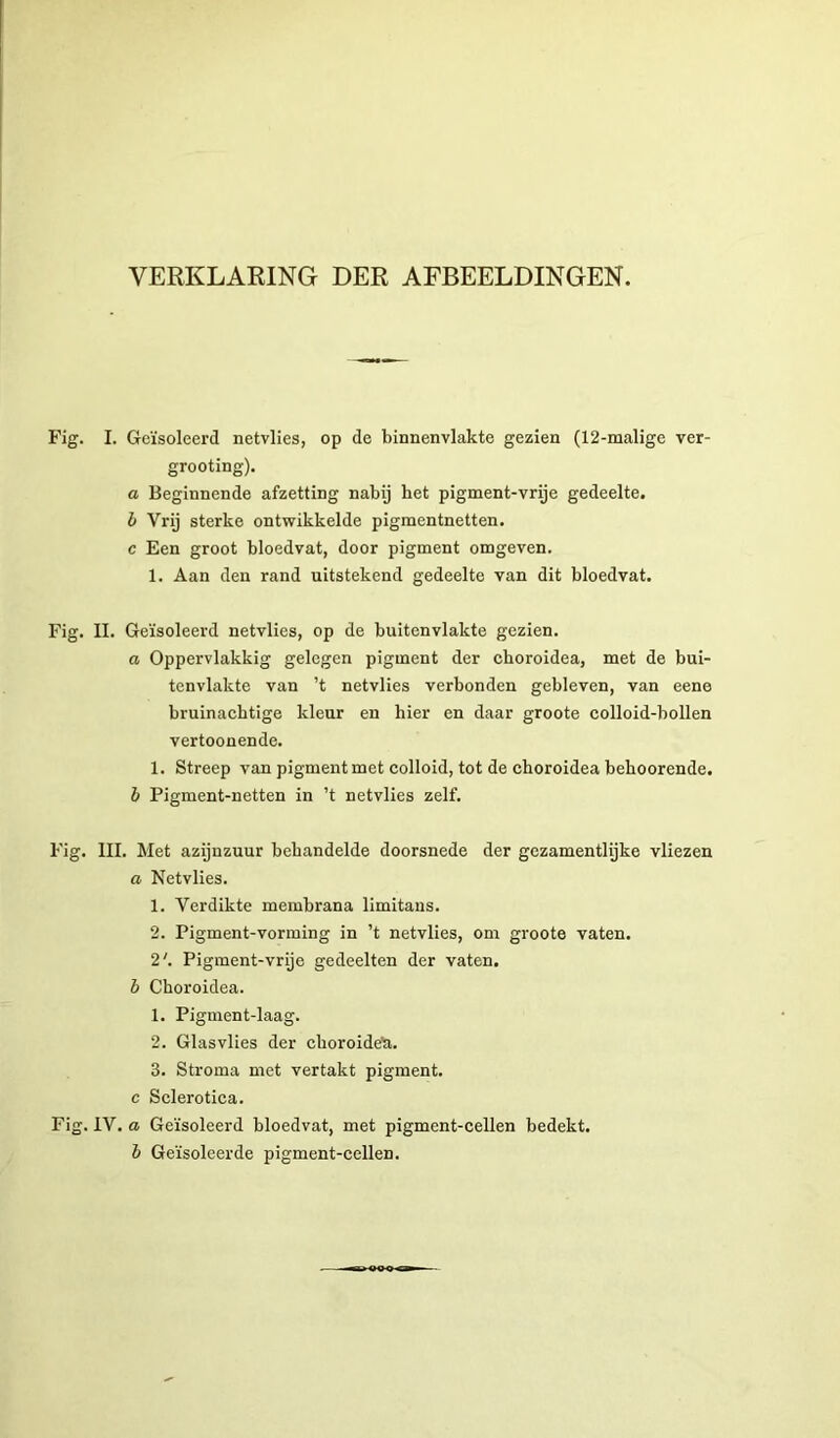 Fig. I. Geïsoleerd netvlies, op de binnenvlakte gezien (12-malige ver- grooting). a Beginnende afzetting nabij het pigment-vrije gedeelte. h Vrij sterke ontwikkelde pigmentnetten. c Een groot bloedvat, door pigment omgeven. 1. Aan den rand uitstekend gedeelte van dit bloedvat. Fig. II. Geïsoleerd netvlies, op de buitenvlakte gezien. a Oppervlakkig gelegen pigment der choroidea, met de bui- tenvlakte van ’t netvlies verbonden gebleven, van eene bruinacbtige kleur en hier en daar groote colloid-bollen vertoonende. 1. Streep van pigment met colloid, tot de choroidea beboerende. i Pigment-netten in ’t netvlies zelf. Fig. UI. Met azijnzuur behandelde doorsnede der gezamentlijke vliezen a Netvlies. 1. Verdikte membrana limitans. 2. Pigment-vorming in ’t netvlies, om groote vaten. 2'. Pigment-vrije gedeelten der vaten. b Choroidea. 1. Pigment-laag. 2. Glas vlies der choroide'a. 3. Stroma met vertakt pigment, c Sclerotica. Fig. IV. a Geïsoleerd bloedvat, met pigment-cellen bedekt. b Geïsoleerde pigment-cellen.