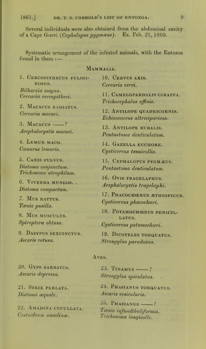 Several individuals vvere also obtained from the abdominal cavity of a Cape Guevi {Cephalopus pycjmceus). Ex. Feb. 21, 18(i0. Systematic arrangement of the found in them :— Mam 1. Cercopithecus fuligi- NOSUS. Bilharzia mayaa. Cercaria cercopitheci. 2. Macacus radiates. Cercaria macaci. 3. Macacus ? Acephalocystis macaci. 4. Lemur maco. Coenurus lemuris. 5. Canis fulvus. Distoma conjunctum. Trichosoma aerophilum. 6. Viverra mungos. . Distoma compactum. 7. MUS RATTUS. Tcenia pusilla. 8. Mus musculus. Spiroptera ohtusa. 9. Dasypus sexcinctus. Ascaris retusa. infested animals, with the Entozoa MALIA. 10. CeRVUS AXIS. Cercaria cervi. 11. Camelopardalis GiRAFFA. Trichocephalus affinis. 12. Antilope quadricornis. Echinococcus altricipariens. 13. Antilope bubalis. Pentastoma denticulatum. 14. Gazella euchore. Cysticercus tenuicollis. 15. CepHALOPUS PYGMiEUS. Pentastoma denticulatum. 16. Ovis TRAGELAPHUS. Acephalocystis tragelaphi. 17. Phacochcerus ^thiopicus. Cysticercus phacochceri. 18. Potamochcerus penicil- latus. Cysticercus potamochoeri. 19. Dicoteles torquatus. Stronyylus paradoxus. 20. Gyps barbatus. Ascaris depressa. 21. Strix perlata. Distoma cecpiale. 22. Am ADI N A CUCULLATA. Cestoideum amadincB. Aves. 23. Tinamus ? Stronyylus spiculatus. 24. Phasianus torouatus. Ascaris vesicalaris. 25. Phasianus '{ Tcenia infundibuUformis. I richosoma longicolle.