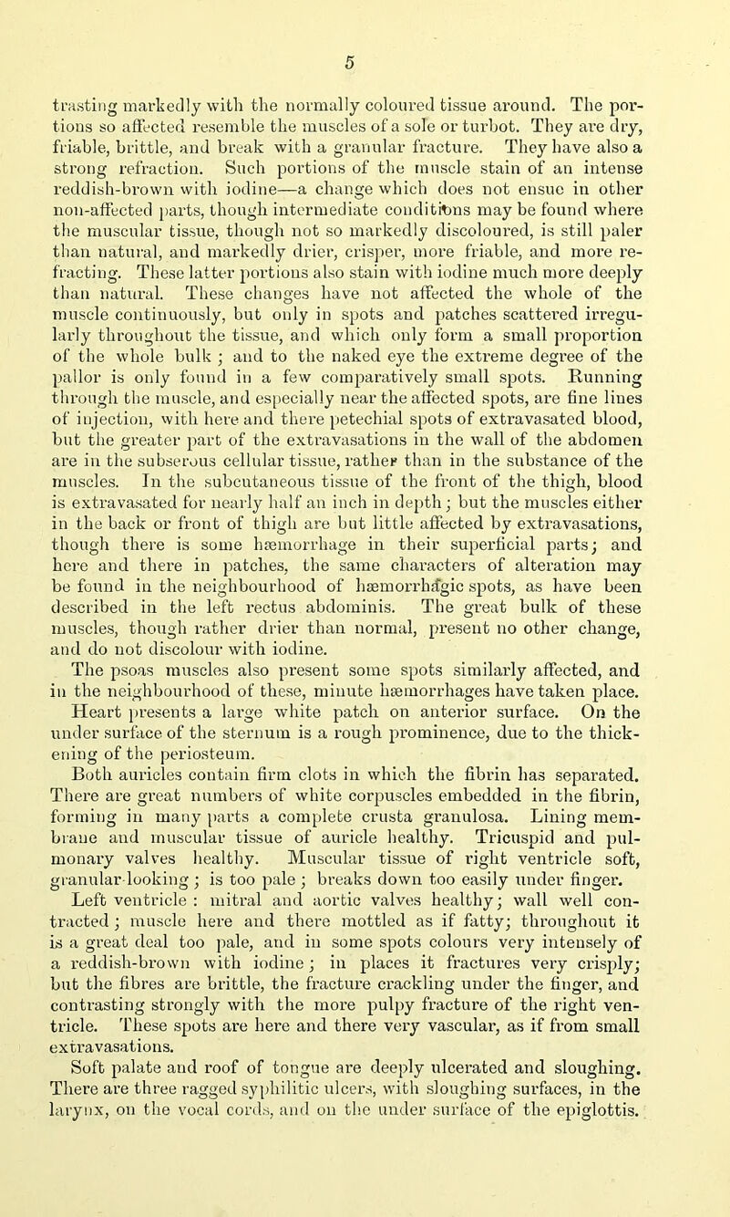 trasting markedly with the normally coloured tissue around. The por- tions so affected resemble the muscles of a sole or turbot. They are dry, friable, brittle, and break with a granular fracture. They have also a strong refraction. Such portions of the muscle stain of an intense reddish-brown with iodine—a change which does not ensue in other non-affected parts, though intermediate conditions may be found where the muscular tissue, though not so markedly discoloured, is still paler than natural, and markedly drier, crisper, more friable, and more re- fracting. These latter portions also stain with iodine much more deeply than natural. These changes have not affected the whole of the muscle continuously, but only in spots and patches scattered irregu- larly throughout the tissue, and which only form a small proportion of the whole bulk ; and to the naked eye the extreme degree of the pallor is only found in a few comparatively small spots. Running through the muscle, and especially near the affected spots, are line lines of injection, with here and there petechial spots of extravasated blood, but the greater part of the extravasations in the wall of the abdomen are in the subserous cellular tissue, rather than in the substance of the muscles. In the subcutaneous tissue of the front of the thigh, blood is extravasated for nearly half an inch in depth; but the muscles either in the back or front of thigh are but little affected by extravasations, though there is some haemorrhage in their superficial parts; and here and there in patches, the same characters of alteration may be found in the neighbourhood of haemorrhagic spots, as have been described in the left rectus abdominis. The great bulk of these muscles, though rather drier than normal, present no other change, and do not discolour with iodine. The psoas muscles also present some spots similarly affected, and in the neighbourhood of these, minute haemorrhages have taken place. Heart presents a large white patch on anterior surface. Ora the under surface of the sternum is a rough prominence, due to the thick- ening of the periosteum. Both auricles contain firm clots in which the fibrin has separated. There are great numbers of white corpuscles embedded in the fibrin, forming in many parts a complete crusta granulosa. Lining mem- brane and muscular tissue of auricle healthy. Tricuspid and pul- monary valves healthy. Muscular tissue of right ventricle soft, granular-looking; is too pale ; breaks down too easily under finger. Left ventricle : mitral and aortic valves healthy; wall well con- tracted ; muscle here and there mottled as if fatty; throughout it is a great deal too pale, and in some spots colours very intensely of a reddish-brown with iodine; in places it fractures very crisply; but the fibres are brittle, the fracture crackling under the finger, and contrasting strongly with the more pulpy fracture of the right ven- tricle. These spots are here and there very vascular, as if from small extravasations. Soft palate and roof of tongue are deeply ulcerated and sloughing. There are three ragged syphilitic ulcers, with sloughing surfaces, in the larynx, on the vocal cords, and on the under surface of the epiglottis.
