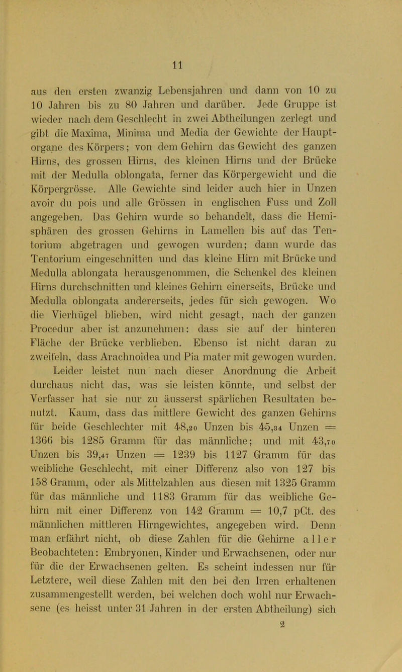 aus den ersten zwanzig Lebensjahren und dann von 10 zu 10 Jaliren bis zu SO Jahren und darüber. Jede Gruppe ist wieder nacli dem Geschlecht in zwei Abtheilungen zerlegt und gibt die Maxima, Minima und Media der Gewichte derUaupt- organe des Körpers; von dem Gehirn das Gewicht des ganzen Hirns, des grossen Hirns, des kleinen Hirns und der Brücke mit der Medulla oblongata, ferner das Körpergewicht und die Körpergrösse. Alle Gewichte sind leider auch hier in Unzen avoir du pois und alle Grössen in englischen Fuss und Zoll angegeben. Das Gehirn wurde so behandelt, dass die Hemi- sphären des grossen Gehirns in Lamellen bis auf das Ten- torium abgetragen und gewogen wurden; dann wurde das Tentorium eingeschnitten und das kleine Hirn mit Brücke und Medulla ablongata herausgenommen, die Schenkel des kleinen Hirns durchschnitteii und kleines Gehirn einerseits, Brücke und Medulla oblongata andererseits, jedes für sich gewogen. Wo die Vierhügel blieben, wird nicht gesagt, nach der ganzen Procedur aber ist anzunehmen: dass sie auf der hinteren Fläche der Brücke verblieben. Ebenso ist nicht daran zu zweifeln, dass Arachnoidea und Pia mater mit gewogen wurden. Leider leistet nun nach dieser Anordnung die Arbeit durchaus nicht das, was sie leisten könnte, und selbst dei' Verfasser hat sie nur zu äusserst spärlichen Resultaten be- nufzt. Kaum, dass das mittlere Gewicht des ganzen Gehirns für beide Geschlechter mit 48,2o Unzen bis 45,34 Unzen == 13GC) bis 1285 Gramm für das männliche; und mit 43,7o Unzen bis 39,4? Unzen = 1239 bis 1127 Gramm für das weibliche Geschlecht, mit einer Differenz also von 127 bis 158 Gramm, oder als Mittelzahlen aus diesen mit 1325 Gramm für das männliche und 1183 Gramm für das wmibliche Ge- hirn mit einer Differenz von 142 Gramm = 10,7 pGt. des männlichen mittleren Hirngewichtes, angegeben wird. Denn man erfährt nicht, ob diese Zahlen für die Gehirne aller Beobachteten: Embryonen, Kinder und Erwachsenen, oder nur für die der Erwachsenen gelten. Es scheint indessen nur für Letztere, weil diese Zahlen mit den bei den Irren erhaltenen zusammengestellt werden, bei welchen doch wohl nur Erwach- sene (es heisst unter 31 Jahren in der ersten Abtheihmg) sich 2