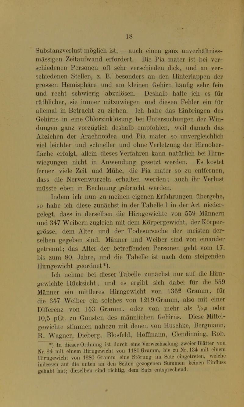 Subslanzvcrlust möglich ist, — auch einen ganz unverliältniss- niässigen Zeitaufwand erfordeit. Die Pia mater ist bei ver- schiedenen Personen oft sehr verscliieden dick, und an ver- schiedenen Stellen, z. B. besonders an den llinterlappen der grossen Hemisphäre und am kleinen Gehirn häufig sehr fein und recht schwierig abzulösen. Deshalb halte ich es für räthlicher, sie immer mitzuwiegen und diesen Fehler ein für allemal in Betracht zu ziehen. Ich habe das Einbringen des Gehirns in eine Ghlorzinklösung bei Untersuchungen der Win- dungen ganz vorzüglich deshalb empfohlen, weil danach das Abziehen der Arachnoidea und Pia mater so unvergleichlich viel leichter und schneller und ohne Verletzung der Hirnober- fläche erfolgt, allein dieses Verfahren kann natürlich bei Hirn- wiegungen nicht in Anwendung gesetzt werden. Es kostet ferner viele Zeit und Mühe, die Pia mater so zu entfernen, dass die Nervenwurzeln erhalten Averden; auch ihr Verlust müsste eben in Rechnung gebracht werden. Indem ich nun zu meinen eigenen Erfahrungen übergehe, so habe ich diese zunächst in der Tabelle I in der Art nieder- gelegt, dass in derselben die Plirngewichte von 559 Männern und 347 Weibern zugleich mit dem Körpergewicht, der Körper- grösse, dem Alter und der Todesursache der meisten der- selben gegeben sind. Männer und Weiber sind von einander getrennt; das Alter der betreffenden Personen geht vom 17. bis zum 80. Jahre, und die Tabelle ist nach dem steigenden Hirngewicht geordnet*). Ich nehme bei dieser Tabelle zunächst nur auf die Hirn- gewichte Rücksicht, und es ergibt sich dabei für die 559 Männer ein mittleres Hirngewicht von 1362 Gramm, für die 347 Weiber ein solches von 1219 Gramm, also mit einer Differenz von 143 Gramm, oder von mehr als ^9,0 oder 10,5 pCt. zu Gunsten des männlichen Gehirns. Diese Mittel- gewichte stimmen nahezu mit denen von Huschke, Bergmann, R. Wagner, Dieberg, Biosfeld, Hoffmann, Clendinning, Rob. *) In dieser Ordnung ist durch eine Verwechselung zweier Blätter von Nr. mit einem Hirngewicht von 1180 Gramm, bis zu Nr. 134 mit einem Hirngewicht von 1280 Gramm eine Störung im Satz eingetreten, welche indessen auf die unten an den Seiten gezogenen Summen keinen Einfluss gehabt hat; dieselben sind richtig, dem Satz entsprechend.