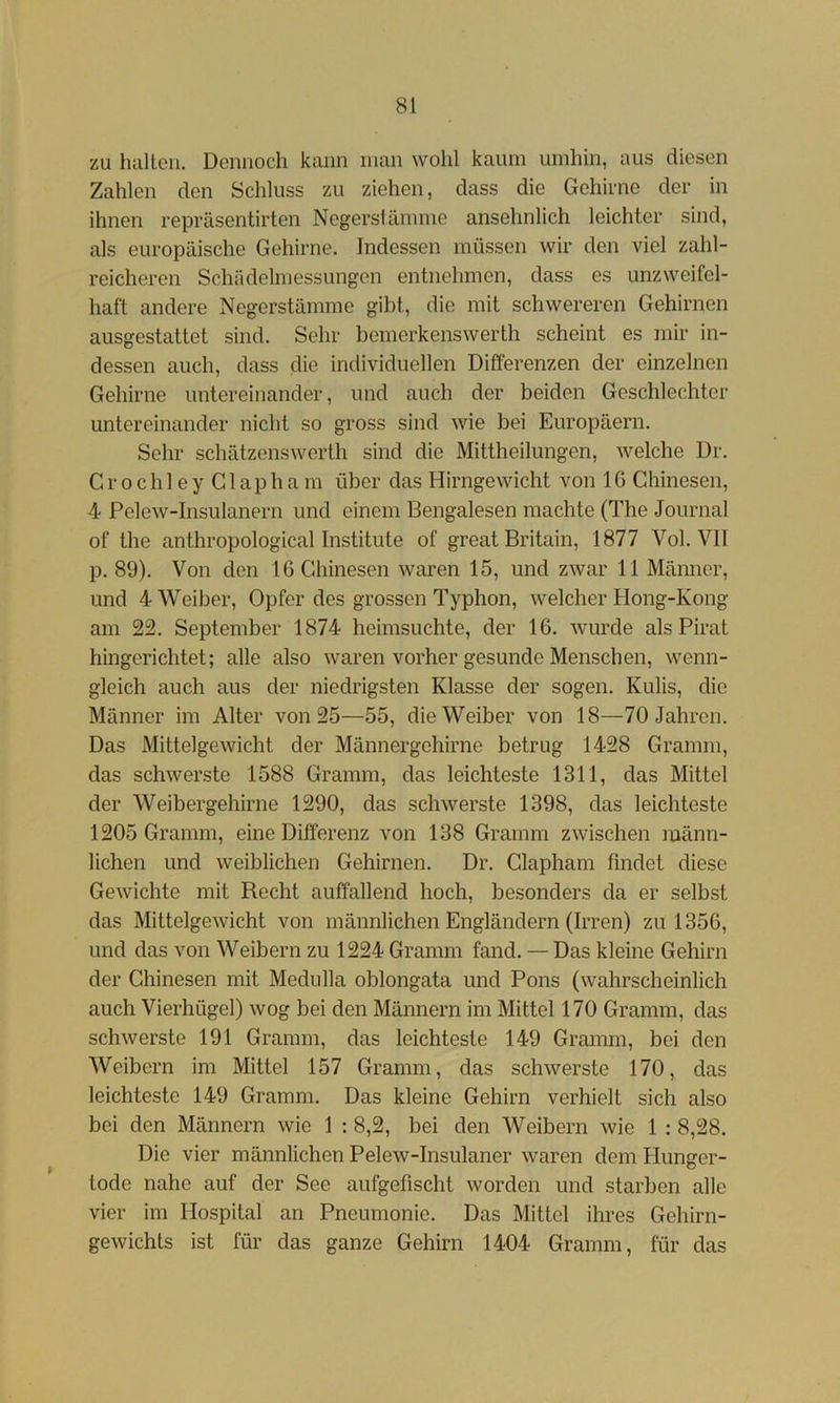 zu hallen. Dennoch kann man wohl kaum umhin, aus diesen Zahlen den Schluss zu ziehen, dass die Gehirne der in ihnen repräsentirten Negerslämme ansehnlich leichter sind, als europäische Gehirne. Indessen müssen wir den viel zahl- reicheren Schädelmessungen entnehmen, dass es unzweifel- haft andere Negerstämme gibt, die mit schwereren Gehirnen ausgestattet sind. Sehr bemerkenswerth scheint es mir in- dessen auch, dass die individuellen Differenzen der einzelnen Gehirne untereinander, und auch der beiden Geschlechter untereinander nicht so gross sind wie bei Europäern. Sehr schätzenswerth sind die Mittheilungen, welche Dr. C r 0 c h 1 e y G1 a p h a m über das Hirngewicht von 16 Chinesen, 4 Pelew-Insulanern und einem Bengalesen machte (The Journal of the anthropological Institute of great Britain, 1877 Vol. VII p. 89). Von den 16 Chinesen waren 15, und zwar 11 Männer, und 4 Weiber, Opfer des grossen Typhon, welcher Hong-Kong am 22. September 1874 heimsuchte, der 16. Avurde als Pirat hingerichtet; alle also waren vorher gesunde Menschen, wenn- gleich auch aus der niedrigsten Klasse der sogen. Kulis, die Männer im Alter von 25—55, die Weiber von 18—70 Jahren. Das Mittelgewicht der Männergehirne betrug 1428 Gramm, das schAverste 1588 Gramm, das leichteste 1311, das Mittel der Weibergehirne 1290, das scliAverste 1398, das leichteste 1205 Gramm, eine Differenz \mn 138 Gramm zwischen männ- lichen und weiblichen Gehirnen. Dr. Glapham findet diese Gewichte mit Recht auffallend hoch, besonders da er selbst das Mittelgewicht von männlichen Engländern (Irren) zu 1356, und das von Weibern zu 1224 Gramm fand. — Das kleine Gehirn der Chinesen mit Medulla oblongata und Pons (Avahrscheinlich auch Vierhügel) Avog bei den Männern im Mittel 170 Gramm, das schAverste 191 Gramm, das leichteste 149 Gramm, bei den Weibern im Mittel 157 Gramm, das scliAverste 170, das leichteste 149 Gramm. Das kleine Gehirn verhielt sich also bei den Männern Avie 1 ; 8,2, bei den Weibern Avie 1 : 8,28. Die vier männlichen PeleAv-Insulaner Avaren dem Hunger- tode nahe auf der See aufgefischt Avorden und starben alle Ader im Hospital an Pneumonie. Das Mittel ihres Gehirn- geAvichts ist für das ganze Gehirn 1404 Gramm, für das