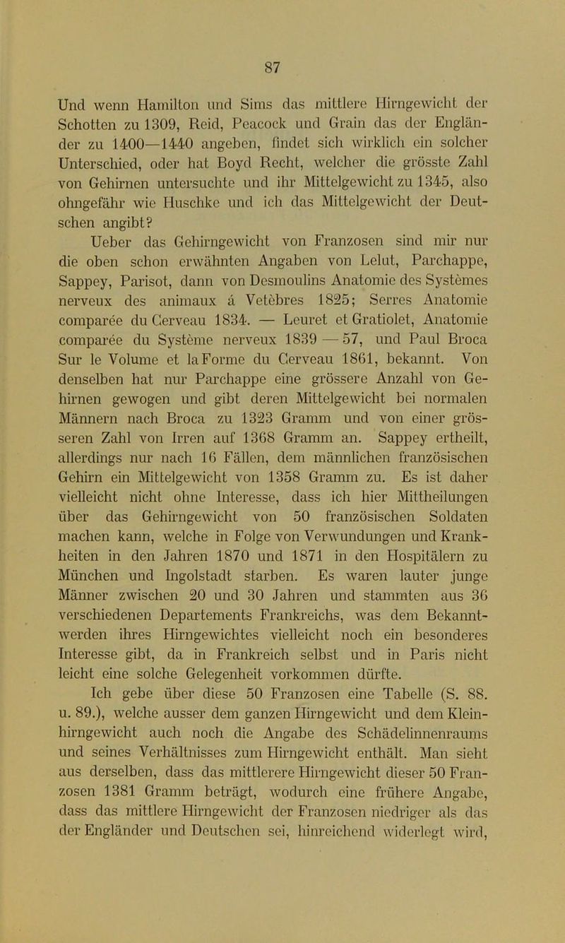 Und wenn Hainillon und Sims dcas miltlere Hirngewiclit der Schotten zu 1309, Reid, Peacock und Grain das der Englän- der zu 1400—1440 angeben, findet sich wirklich ein solcher Unterschied, oder hat Boyd Recht, welcher die grösste Zahl von Gehirnen untersuchte und ihr Mittelgewicht zu 1345, also ohngefähr wie Huschke und ich das Mittelgewicht der Deut- schen angibt? Ueber das Gehirngewicht von Franzosen sind mir nur die oben schon erwähnten Angaben von Lelut, Parchappe, Sappey, Parisot, dann von Desmoulins Anatomie des Systemes nerveux des animaux ä Vetebres 1825; Serres Anatomie comparee du Cerveau 1834. — Leuret et Gratiolet, Anatomie comparee du Systeme nerveux 1839 —57, und Paul Broca Sur le Volume et la Forme du Cerveau 1861, bekannt. Von denselben hat nur Parchappe eine grössere Anzahl von Ge- hirnen gewogen und gibt deren Mittelgewicht bei normalen Männern nach Broca zu 1323 Gramm und von einer grös- seren Zahl von Irren auf 1368 Gramm an. Sappey ertheilt, allerdings nur nach 16 Fällen, dem männlichen französischen Gehirn ein Mittelgewicht von 1358 Gramm zu. Es ist daher vielleicht nicht ohne Interesse, dass ich hier Mittheilungen über das Gehirngewicht von 50 französischen Soldaten machen kann, welche in Folge von Verwundungen und Krank- heiten in den Jahren 1870 und 1871 in den Ho.spitälern zu München und Ingolstadt starben. Es waren lauter junge Männer zwischen 20 und 30 Jahren und stammten aus 36 verschiedenen Departements Frankreichs, was dem Bekannt- werden ihres Hirngewichtes vielleicht noch ein besonderes Interesse gibt, da in Frankreich selbst und in Paris nicht leicht eine solche Gelegenheit Vorkommen dürfte. Ich gebe über diese 50 Franzosen eine Tabelle (S. 88. u. 89.), welche ausser dem ganzen Hirngewicht und dem Klein- hirngewicht auch noch die Angabe des Schädelinnenraunis und seines Verhältnisses zum Hirngewicht enthält. Man sieht aus derselben, dass das mittlerere Hirngewicht dieser 50 Fran- zosen 1381 Gramm beträgt, wodurch eine frühere Angabe, dass das mittlere Hirngewicht der Franzosen niedriger als das der Engländer und Deutschen sei, hinreichend widerlegt wird.