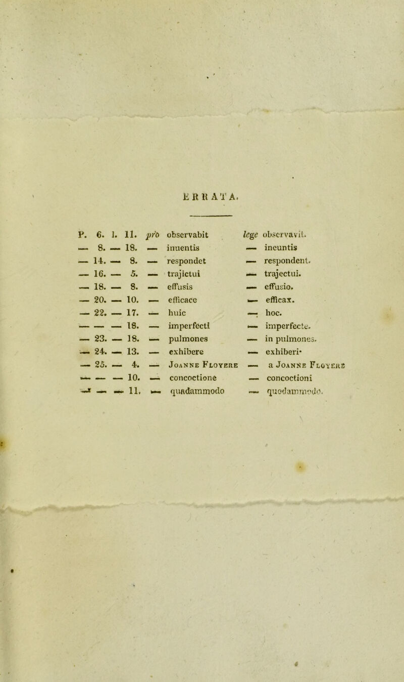 ERUAT A. P. 6. 1. 11. jpro observabit lege observavit. — 8. —- 18. — inuentis — ineuntis — 14. — 8. — respondet — respondent. —. 16. — 5. — trajictui — trajectui. — 18. — 8. — effusis — effusio. — 20. — 10. — efficace efficax. — 22. — 17. — huic ; hoc. — — 18. — imperfecti — imperfecte. — 23. — 18. — pulmones — in pulmones. — 24. — 13. — exhibere — exhiberi* — 25. — 4. — Joanne Floyere — a Joanke Floyeji — — — 10. — concoctione — concoctioni — 11. quadam modo quodammodo.