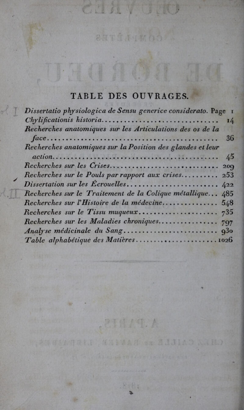 TABLE DES OUVRAGES. Dissei'taiio phjsiologica de Sensu generice considerato. Page i Chjlificationis historia i4 Recherches anatomiques sur les Articulations des os de la face 36 Recherches anatomiques sur la Position des glandes et leur action 4^ Recherches sur les Crises 20^ Recherches sur le Pouls par rapport aux crises 253 Dissertation sur les Écrouelles 422 Recherches sur le 'Traitement de la Colique métallique.,. 485 Recherches sur VHistoire de la médecine 548 Recherches sur le Tissu muqueux y35 Recherches sur les Maladies chroniques y^y Analyse médicinale du Sang 930 Table alphabétique des Matières 1026