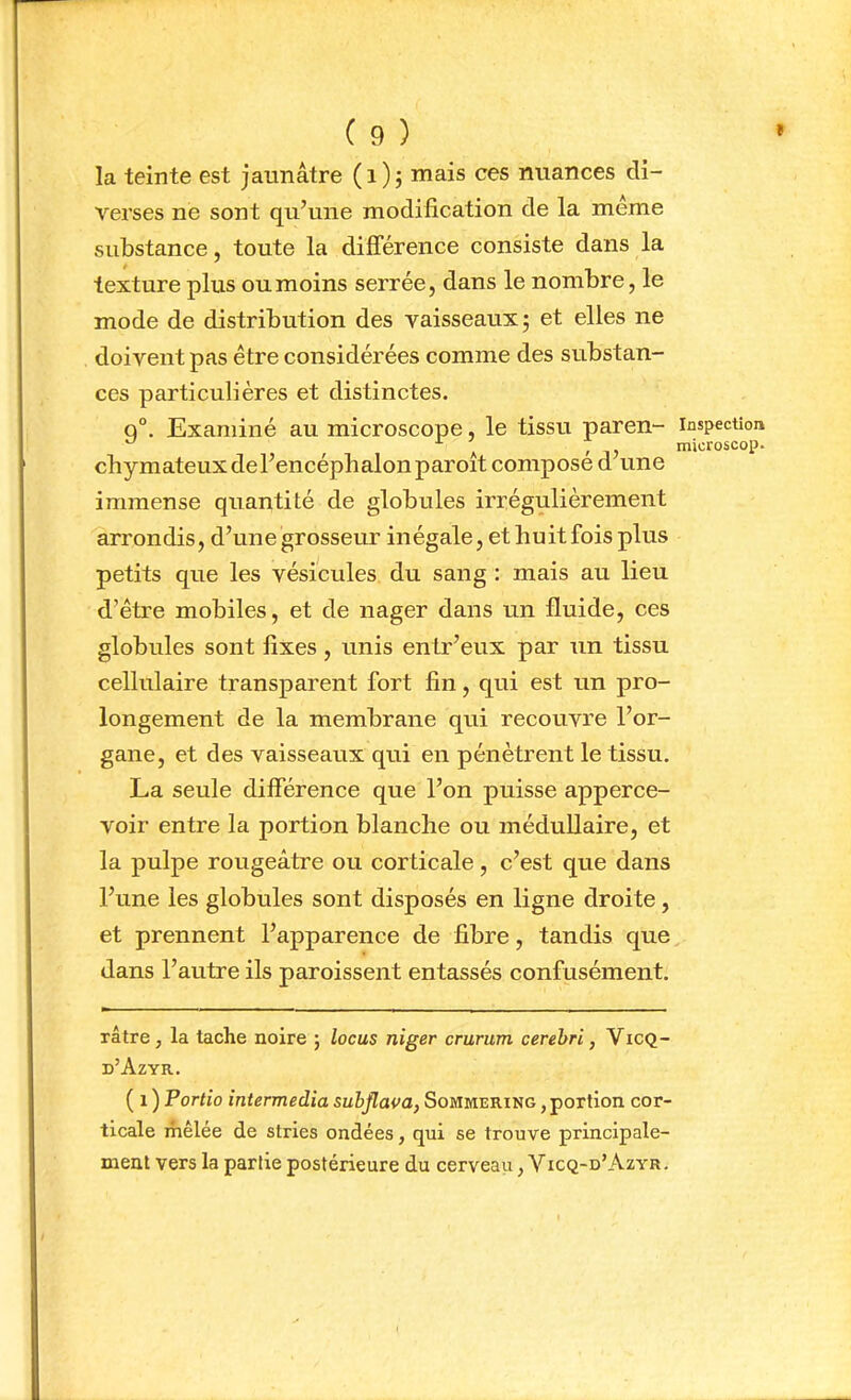 la teinte est jaunâtre (i)j mais ces nuances di- verses ne sont qu’une modification de la meme substance, toute la différence consiste dans la texture plus ou moins serrée, dans le nombre, le mode de distribution des vaisseaux; et elles ne doivent pas être considérées comme des substan- ces particulières et distinctes. 9°. Examiné au microscope, le tissu paren- chymateux del’encéphalonparoît composé d’une immense quantité de globules irrégulièrement arrondis, d’une grosseur inégale, et huit fois plus petits que les vésicules du sang : mais au lieu d’être mobiles, et de nager dans un fluide, ces globules sont fixes, unis entr’eux par un tissu cellulaire transparent fort fin, qui est un pro- longement de la membrane qui recouvre l’or- gane, et des vaisseaux qui en pénètrent le tissu, La seule différence que l’on puisse apperce- voir entre la portion blanche ou médullaire, et la pulpe rougeâtre ou corticale, c’est que dans l’une les globules sont disposés en ligne droite, et prennent l’apparence de fibre, tandis que dans l’autre ils paroissent entassés confusément, râtre, la tache noire ; locus niger crurum cerehri, VicQ- d’Azyr. ( 1 ) Portio intermedia suhjlava, Sommering , portion cor- ticale mêlée de stries ondées, qui se trouve principale- ment vers la partie postérieure du cerveau, Vicq-d’Azyr. Inspection microscop.