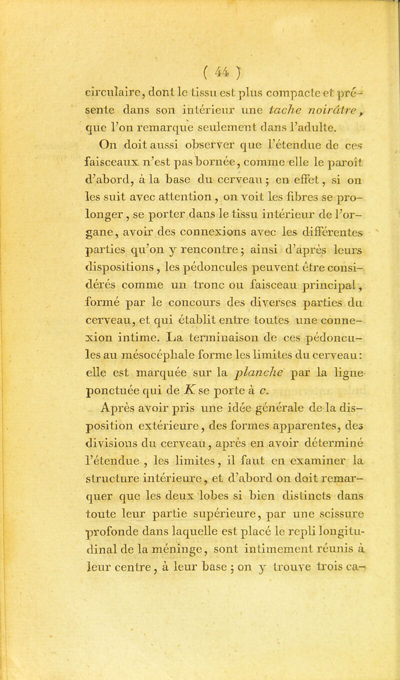 circiiîciire, dont le tissu est plus compacte et pré- sente dans son intérieur une tache noirâtre que l’on remarque seulement dans l’adulte. On doit aussi observer que l’étendue de ces faisceaux n’est pas bornée, comme elle le paroît d’abord, à la base du cerveau ; en effet, si on les suit avec attention , on voit les fibres se pro- longer , se porter dans le tissu intérieur de l’or- gane, avoir des connexions avec les différentes parties qu’on y rencontre ; ainsi d’après leurs dispositions, les pédoncules peuvent être consi- dérés comme un tronc ou faisceau principal, formé par le concours des diverses parties du cerveau, et qui établit entre toutes mie conne- xion intime. La terminaison de ces pédoncu- les au mésocépbale forme les limites du cerveau : elle est marquée sur la planche par la ligne ponctuée qui de K se porte à e. Après avoir pris une idée géïiérale de la dis- position extérieure, des formes apparentes, des divisions du cerveau, après en avoir déterminé l’étendue , les limites, il faut en examiner la structure intérieure, et d’abord on doit remar- quer que les deux lobes si bien distincts dans toute leur partie supérieure, par une scissure profonde dans laquelle est placé le repli longitu- dinal de la méninge, sont intimement réunis à leur centre, à leur base j on y trouve trois ca-'