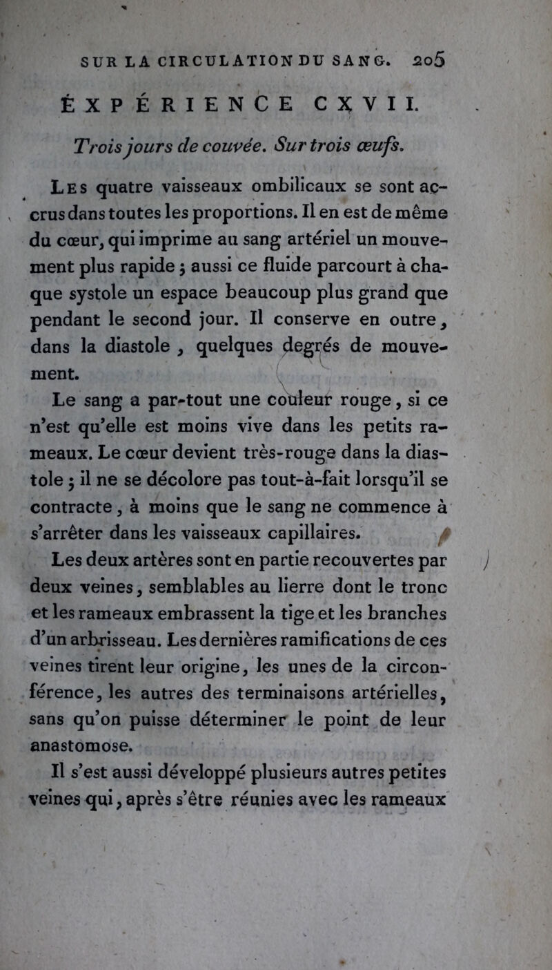 ÉXPÉRIENCE C5ÇVII. Trois jours de couvée. Sur trois œufs. Les quatre vaisseaux ombilicaux se sont ac- crus dans toutes les proportions. Il en est de même du cœur, qui imprime au sang artériel un mouve- ment plus rapide \ aussi ce fluide parcourt à cha- que systole un espace beaucoup plus grand que pendant le second jour. Il conserve en outre, dans la diastole , quelques degrés de mouve- ment. Le sang a par-tout une couleur rouge, si ce n’est qu’elle est moins vive dans les petits ra- meaux. Le cœur devient très-rouge dans la dias- tole ; il ne se décolore pas tout-à-fait lorsqu’il se contracte, à moins que le sang ne commence à s’arrêter dans les vaisseaux capillaires. Les deux artères sont en partie recouvertes par deux veines, semblables au lierre dont le tronc et les rameaux embrassent la tige et les branches d’un arbrisseau. Les dernières ramifications de ces veines tirent leur origine, les unes de la circon- férence, les autres des terminaisons artérielles, sans qu’on puisse déterminer le point de leur anastomose. Il s’est aussi développé plusieurs autres petites veines qui, après s’être réunies avec les rameaux