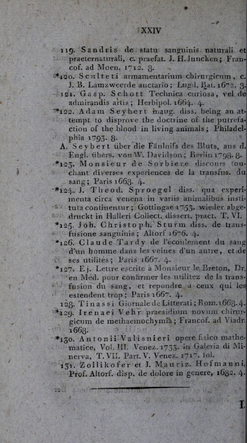 # 119. Sanclris de statu sanguinis naturali et praeternalurali, c. praefat. J. H. Juncken; Fraii- cof. ad Moen. 1712. 3. Sciilteti armamentarlum chinirfiirnm , c. J. B. Lamzwecrde aiictario; Liigd. Bat. 3. • 121. Gasp. Schott Technica ciiriosa, vel de adinirandis artis; Herbipol. Zf- Adam Seybert mang. diss. being an at- ternpt to disprove the doctrine of tlie putrcd'a- ction of the blood in living animals; Philadel- phia 1793- 8- A. Seybert über die Fänlriifs des Bluts, aus d. Engl, übers, von W. Davidson; Berlin i'“93-8* *123. Monsieur de vSorbiere disconrs tou- chant diverses experiences de la transfus. du sang; Paris 1663- 4- ‘^124. J. Theod. Sproegel diss. qua experi- inenta circa venena in variis animalibus insti- tuta continentnr ; Gottingae 1^53. wieder abge- >druckt in Halleri Collect. tlisseiL pract. T. VI. ’^i25. Joh. Christo p h. S türm diss. de trans- fusione sanguinis; Altorf 4* '’*^i26. Claude Tardy de l’ecoulement du sang d’un homme dans les v^eiries d’un autre, et de ses utilites; Paris 1667. 4* *127. E j. Lettre escrite ä Monsieur le Breton, Dr. en Med. pour conhrmer les utilitez de la trans- ' * füsion'du sang, et repondre ä ceux qui les • estendent trop ; Paris 166^. 4* 123. Tinas si GiornaledeLitterati; Rom.^6^)3.4• *l29. Irenaei Vehr praesidium noviini chiriir- gicum de methaemochymia; Francol. ad Viadr. 1663. *130. Antonii Valisnieri opere hsico mathe- matice, Vol. Jll. V’^enez. i735* Galeria di Mi- nerva, T. Vil. Part. V. Venez. 171”. iol. 131. Z o 11 i k o f e r et J. M a u r i z. H o f m a n n i, Prof. Altorf. disp. de dolore in genere, 1632. 4- I