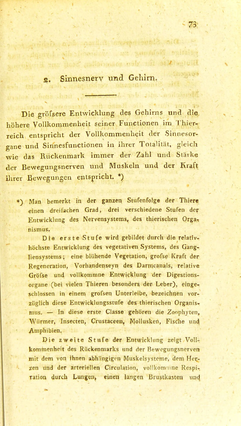 - 73 . j / 2. Sinnesnerv und Gehirn. Die gröfserc Entwicklung des Gehirns und die höhere Vollkommenheit seiner Functionen im Thier- reich entspricht der Vollkommenheit der Sinnesor- gane und Sinnesfunctionen in ihrer Totalität, gleich wie das Rückenmark immer der Zahl und Stärke der Bewegungsnerven und Muskeln und der Kraft ihrer Bewegungen entspricht. *) *) Man bemerkt in der ganzen Stufenfolge der Thiere einen dreifachen Grad, drei verschiedene Stufen der Entwicklung des Nervensystems, des thierischen Orgar nismus. Die erste Stufe wird gebildet durch die relativ- höchste Entwicklung des vegetativen Systems, des Gang- liensystems; eine blühende Vegetation, grofse Kraft der Regeneration, Vorhandenseyn des Darmcanals, relative Gröfse und vollkommne Entwicklung der Digestions- organe (bei vielen Thieren besonders der Leber), einge- schlossen in einem grofsen Unterleibe, bezeichnen vor- züglich diese Entwicklungsstufe des thierischen Organis- mus. — In diese erste Classe gehören die Zoophyten, Würmer, Insecten, Crustaceen, Mollusken, Fische und Amphibien. Die zweite Stufe der Entwicklung zeigt Voll- komfnenheit des Rückenmarks und der Bewegungsnerven mit dem von ihnen abhängigen Muskelsysteme, dem Wet- zen und der arteriellen Circulation, vollkommne Respi- ration durch Lungen, einen langen Brustkasten und
