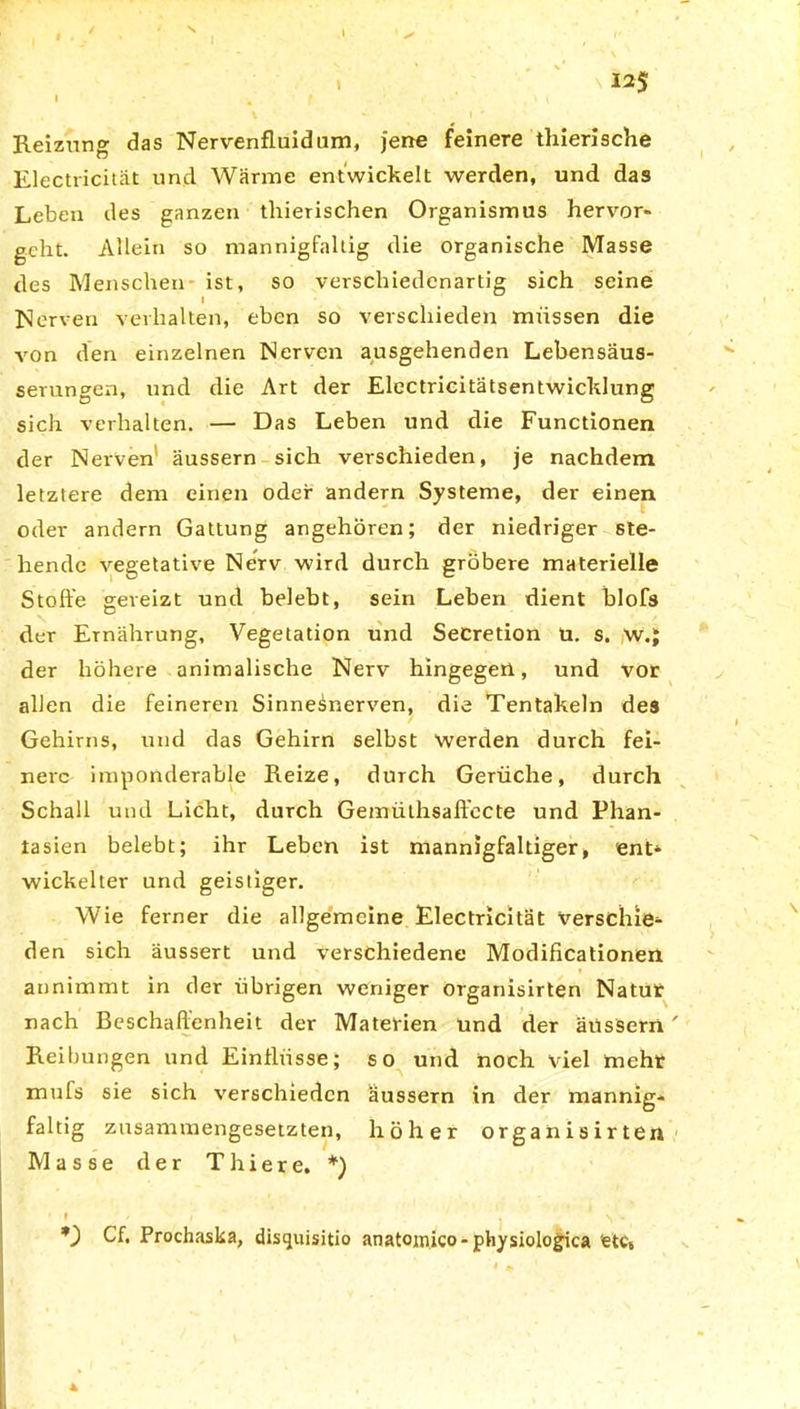 rv ' » . i ' •/ > ' N ■. 1 » 125 I . . • , f \ Reizung das Nervenfluidum, jene feinere tliierische Electricität und Wärme entwickelt werden, und das Leben des ganzen thierischen Organismus hervor- geht. Allein so mannigfaltig die organische Masse des Menschen ist, so verschiedenartig sich seine Nerven verhalten, eben so verschieden müssen die von den einzelnen Nerven ausgehenden Lebensäus- serungen, und die Art der Electricitätsentwicklung sich verhalten. — Das Leben und die Functionen der Nerven äussern sich verschieden, je nachdem letztere dem einen oder andern Systeme, der einen oder andern Gattung angehören; der niedriger ste- hende vegetative Nerv wird durch gröbere materielle Stoffe gereizt und belebt, sein Leben dient blofs der Ernährung, Vegetation und SeCretion u. s. w.J der höhere animalische Nerv hingegen, und vor allen die feineren Sinnesnerven, die Tentakeln des Gehirns, und das Gehirn selbst Werden durch fei- nere imponderable Reize, durch Gerüche, durch Schall und Licht, durch Gemülhsaftecte und Phan- tasien belebt; ihr Leben ist mannigfaltiger, 'ent* wickelter und geistiger. Wie ferner die allgemeine Electricität verschie* den sich äussert und verschiedene Modificationen annimmt in der übrigen weniger organisirten Natur nach Beschaffenheit der Materien und der äussern Reibungen und Einflüsse; so und noch viel mehr mufs sie sich verschieden äussern in der mannig- faltig zusammengesetzten, höher organisirten Masse der T h i e r e. *) *) Cf. Prochaska, disguisitio anatomico-physiologica etct