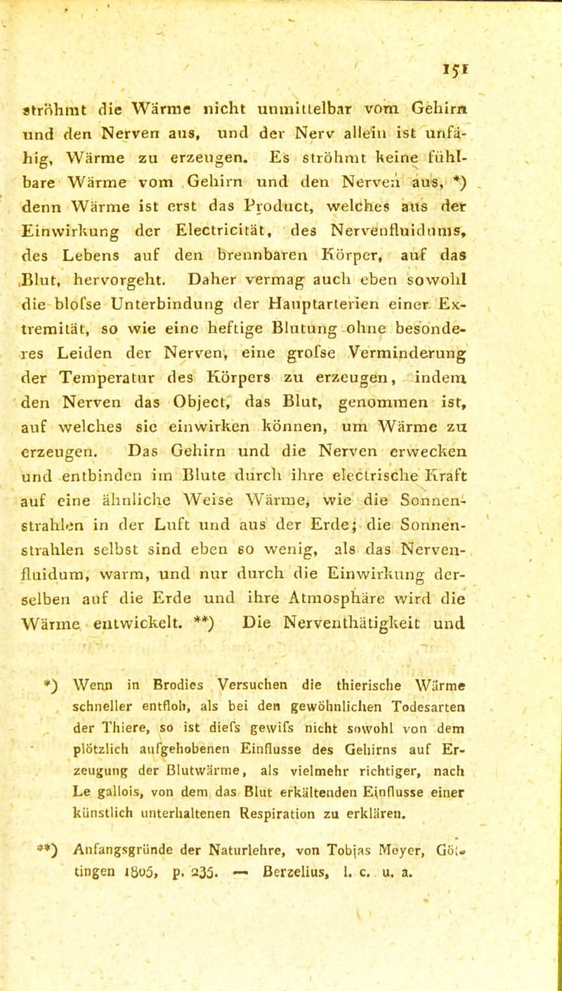 «trnhmt die Warme nicht unmittelbar vom Gehirn und den Nerven aus, und der Nerv allein ist unfä- hig, Wärme zu erzeugen. Es ströhmt keine fühl- bare Wärme vom Gehirn und den Nerven aus, *) denn Wärme ist erst das Product, welches aus der Einwirkung der Electricität, des Nervenfluidnnts, des Lebens auf den brennbaren Körper, auf das ,Blut, hervorgeht. Daher vermag auch eben sowohl die blofse Unterbindung der Hauptarterien einer Ex- tremität, so wie eine heftige Blutung ohne besonde- res Leiden der Nerven, eine grofse Verminderung der Temperatur des Körpers zu erzeugen, indem, den Nerven das Object, das Blut, genommen ist, auf welches sie einwirken können, um Wärme zu erzeugen. Das Gehirn und die Nerven erwecken und entbinden im Blute durch ihre elektrische Kraft \ auf eine ähnliche Weise Wärme, wie die Sonnen- strahlen in der Luft und aus der Erde; die Sonnen- strahlen selbst sind eben so wenig, als das Nerven- fluidum, warm, und nur durch die Einwirkung der- selben auf die Erde und ihre Atmosphäre wird die Wärme entwickelt. **) Die Nerventhätigkeit und *) Wenn in Brodies Versuchen die thierische Wärme schneller entfloh, als bei den gewöhnlichen Todesarten der Thiere, so ist diefs gewifs nicht sowohl von dem plötzlich aufgehobenen Einflüsse des Gehirns auf Er- zeugung der Blutwärme, als vielmehr richtiger, nach Le gallois, von dem das Blut erkältenden Einflüsse einer künstlich unterhaltenen Respiration zu erklären. **) Anfangsgründe der Naturlehre, von Tobjas Moyer, Göi« tingen iüo5, p. 235. — ßerselius, 1. c. u. a.