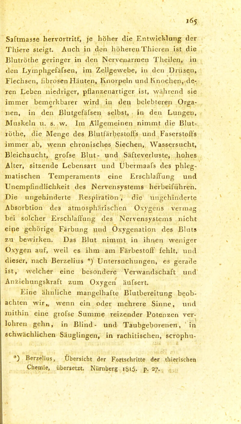 Saftmasse hervortritt, je höher die Entwicklung der Thiere steigt. Auch in den höherenThieren ist die Blutröthe geringer in den Nervenarmen Theilen, in den Lymphgefäfsen, im Zellgewebe, in den Drüsen, Flechsen, fibrösen Häuten, Knorpeln und Knochen, de- ren Leben niedriger, pflanzenartiger ist, während sie immer bemerkbarer wird in den belebteren Orga- nen, in den Blutgefäfsen selbst, in den Lungen, Muskeln u. s. w. Im Allgemeinen nimmt die Blut- rölhe, die Menge des Blutfärbestoffs und Faserstoffs immer ab, wenn chronisches Siechen, Wassersucht, Bleichsucht, grofse Blut- und Säfteverluste, hohes Alter, sitzende Lebensart und Übermaafs des phleg- matischen Temperaments eine Erschlaffung und Unempfindlichkeit des Nervensystems herbeifiihren. Die ungehinderte Respiration , die ungehinderte Absorbtion des atmosphärischen Oxygens vermag bei solcher Erschlaffung des Nervensystems nicht eine gehörige Färbung und Oxygenation des Bluts zu bewirken. Das Blut nimmt in ihnen weniger Oxygen auf, weil es ihm am Färbestoff fehlt, und dieser, nach Berzelius *) Untersuchungen, es gerade ist, welcher eine besondere Verwandschaft und Anziehungskraft zum Oxygen äufsert. Eine ähnliche mangelhafte Blutbereitung beob- achten wir,, wenn ein oder mehrere Sinne, und mithin eine grofse Summe reizender Potenzen ver- lohren gehn, in Blind- und Taubgeborenen, in schwächlichen Säuglingen, in rachitischen, scrophu- *) Berzelius, Übersicht der Fortschritte der thierischen Chemie, übersetzt. Nürnberg iöi5. p. 27.