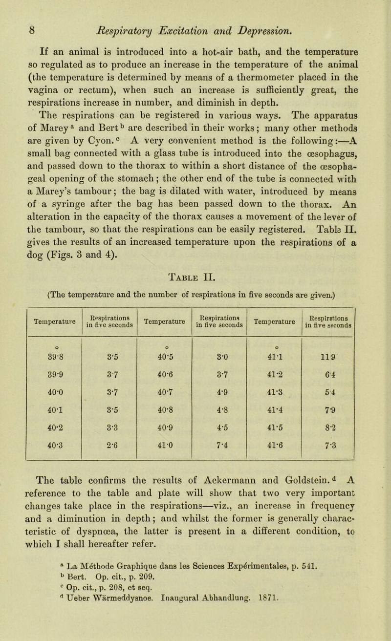 If an animal is introduced into a hot-air bath, and the temperature so regulated as to produce an increase in the temperature of the animal (the temperature is determined by means of a thermometer placed in the vagina or rectum), when such an increase is sufficiently great, the respirations increase in number, and diminish in depth. The respirations can be registered in various ways. The apparatus of Mareya and Bertb are described in their works; many other methods are given by Cyon. 0 A very convenient method is the following:—A small bag connected with a glass tube is introduced into the oesophagus, and passed down to the thorax to within a short distance of the oesopha- geal opening of the stomach; the other end of the tube is connected with a Marey’s tambour; the bag is dilated with water, introduced by means of a syringe after the bag has been passed down to the thorax. An alteration in the capacity of the thorax causes a movement of the lever of the tambour, so that the respirations can be easily registered. Table II. gives the results of an increased temperature upon the respirations of a dog (Figs. 3 and 4). Table II. (The temperature and the number of respirations in five seconds are given.) Temperature Inspirations in five seconds Temperature Respirations in five seconds Temperature Respirations in five seconds O O O 39-8 3-5 40-5 3-0 41T 119 39-9 37 40-6 3-7 41-2 6'4 40-0 3-7 40-7 4-9 41-3 54 40-1 3-5 40-8 4-8 41-4 7‘9 40-2 3-3 40-9 4-5 41-5 8-2 40-3 2-6 41-0 7-4 41-6 7-3 The table confirms the results of Ackermann and Goldstein.d A reference to the table and plate will show that two very important changes take place in the respirations—viz., an increase in frequency and a diminution in depth; and whilst the former is generally charac- teristic of dyspnoea, the latter is present in a different condition, to which I shall hereafter refer. a La Mdthode Graphique dans les Sciences Exp^rimentales, p. 541. b Bert. Op. cit., p. 209. cOP. cit., p. 208, et seq. d Ueber Warmeddysnoe. Inaugural Abhandlung. 1871.