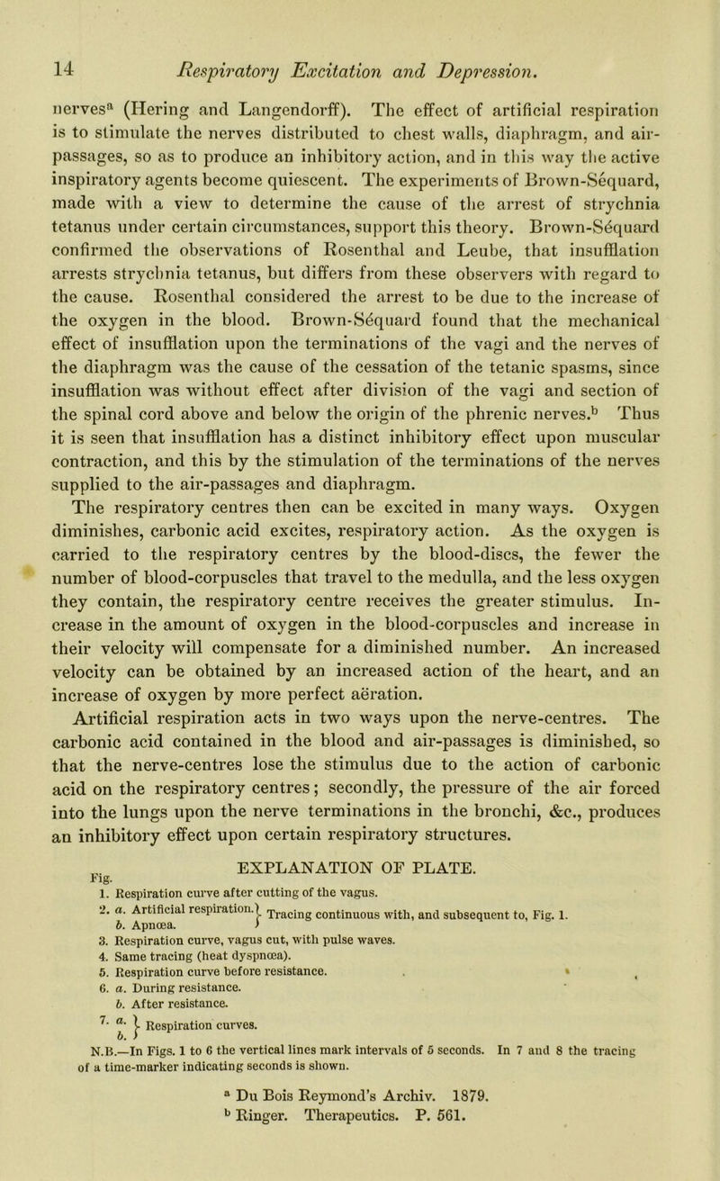 nerves0, (Ilering and Langendorff). The effect of artificial respiration is to stimulate the nerves distributed to chest walls, diaphragm, and air- passages, so as to produce an inhibitory action, and in this way the active inspiratory agents become quiescent. The experiments of Brown-Sequard, made with a view to determine the cause of the arrest of strychnia tetanus under certain circumstances, support this theory. Brown-Sdquard confirmed the observations of Rosenthal and Leube, that insufflation arrests strychnia tetanus, but differs from these observers with regard to the cause. Rosenthal considered the arrest to be due to the increase of the oxygen in the blood. Brown-Sdquard found that the mechanical effect of insufflation upon the terminations of the vagi and the nerves of the diaphragm was the cause of the cessation of the tetanic spasms, since insufflation was without effect after division of the vagi and section of the spinal cord above and below the origin of the phrenic nerves.b Thus it is seen that insufflation has a distinct inhibitory effect upon muscular contraction, and this by the stimulation of the terminations of the nerves supplied to the air-passages and diaphragm. The respiratory centres then can be excited in many ways. Oxygen diminishes, carbonic acid excites, respiratory action. As the oxygen is carried to the respiratory centres by the blood-discs, the fewer the number of blood-corpuscles that travel to the medulla, and the less oxygen they contain, the respiratory centre receives the greater stimulus. In- crease in the amount of oxygen in the blood-corpuscles and increase in their velocity will compensate for a diminished number. An increased velocity can be obtained by an increased action of the heart, and an increase of oxygen by more perfect aeration. Artificial respiration acts in two ways upon the nerve-centres. The carbonic acid contained in the blood and air-passages is diminished, so that the nerve-centres lose the stimulus due to the action of carbonic acid on the respiratory centres; secondly, the pressure of the air forced into the lungs upon the nerve terminations in the bronchi, &c., produces an inhibitory effect upon certain respiratory structures. EXPLANATION OF PLATE. Fig. 1. Respiration curve after cutting of the vagus. a• Artificial respiration.) tracing continuous with, and subsequent to, Fig. 1. b. Apnoea. > 3. Respiration curve, vagus cut, with pulse waves. 4. Same tracing (heat dyspnoea). 5. Respiration curve before resistance. 6. a. During resistance. b. After resistance. 7' | Respiration curves. N.B.—In Figs. 1 to 6 the vertical lines mark intervals of 5 seconds. In 7 and 8 the tracing of a time-marker indicating seconds is shown. a Du Bois Reymond’s Archiv. 1879. b Ringer. Therapeutics. P. 561.