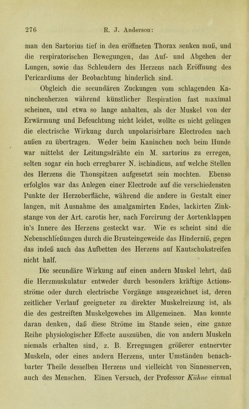 man den Sartorius tief in den eroffneten Thorax senken mufi, und die respiratorischen Bewegungen, das Auf- und Abgehen der Lungen, sowie das Schleudern des Herzens nach Eroffnung des Pericardiums der Beobachtung hinderlich sind. Obgleich die secundaren Zuckungen vom schlagenden Ka- ninchenherzen wahrend kimstlicher Respiration fast maximal scheinen, und etwa so lange anhalten, als der Muskel von der Erwarmung und Befeuchtung nicht leidet, wollte es nicht gelingen die electrisclie Wirkung durch unpolarisirbare Electroden nach auben zu ubertragen. Weder beim Kaninchen noch beim Hunde war mittelst der Leitungsdrahte ein M. sartorius zu erregen, selten sogar ein hocli erregbarer N. ischiadicus, auf welche Stellen des Herzens die Thonspitzen aufgesetzt sein mochten. Ebenso erfolglos war das Anlegen einer Electrode auf die verschiedensten Punkte der Herzoberflache, wahrend die andere in Gestalt einer langen, mit Ausnahme des amalgamirten Endes, lackirten Zink- stange von der Art. carotis her, nach Forcirung der Aortenklappen in’s Innere des Herzens gesteckt war. Wie es scheint sind die Nebenschliebungen durch die Brusteingeweide das Hindernib, gegen das indeb auch das Aufbetten des Herzens auf Kautschukstreifen nicht half. Die secundare Wirkung auf einen andern Muskel lehrt, dab die Herzmuskulatur entweder durch besonders kraftige Actions- strome Oder durch electrisclie Vorgange ausgezeichnet ist, deren zeitlicher Verlauf geeigneter zu direkter Muskelreizung ist, als die des gestreiften Muskelgewebes im Allgemeinen. Man konnte daran denken, dab diese Strome im Stande seien, eine ganze Reilie physiologischer Effecte auszuliben, die von andern Muskeln niemals erhalten sind, z. B. Erregungen groberer entnervter Muskeln, oder eines andern Herzens, unter Umstanden benach- barter Theile desselben Herzens und vielleickt von Sinnesnerven, auch des Menschen. Einen Yersuch, der Professor Kiihne einmal