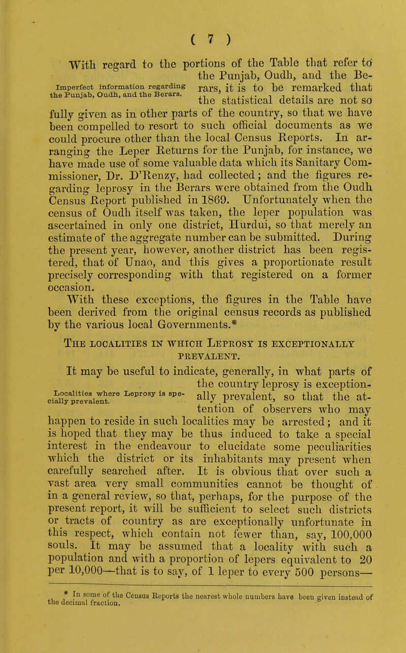 With regard to the portions of the Table that refer to the Punjab, Oudh, and the Be- Imperfect information regarding parS, it is tO be remarked that the Punjab, Oudh., and the Berars. the statistical details are not so fully giyen as in other parts of the country, so that we have been compelled to resort to such official documents as we could procure other than the local Census Reports. In ar- ranging the Leper Returns for the Punjab, for instance, we have made use of some valuable data which its Sanitary Com- missioner, Dr. D’Renzy, had collected; and the figures re- garding leprosy in the Berars were obtained from the Oudh Census Report published in 1869. Unfortunately when the census of Oudh itself was taken, the leper population was ascertained in only one district, Hurdui, so that merely an estimate of the aggregate number can be submitted. During the present year, however, another district has been regis- tered, that of Unao, and this gives a proportionate result precisely corresponding with that registered on a former occasion. With these exceptions, the figures in the Table have been derived from the original census records as published by the various local Governments.* The localities in which Lephost is exceptionally PREVALENT. It may be useful to indicate, generally, in what parts of the country leprosy is exception- ciSrprevLS.®''® ally prevalent, so that the at- tention of observers who may happen to reside in such localities may be arrested; and it is hoped that they may be thus induced to take a special interest in the endeavour to elucidate some peculiarities which the district or its inhabitants may present when carefully searched after. It is obvious that over such a vast area very small communities cannot be thought of in a general review, so that, perliaps, for the purpose of the present report, it will be sufficient to select such districts or tracts of country as are exceptionally unfortunate in this respect, which contain not fewer than, say, 100,000 souls. It may be assumed that a locality with such a population and with a proportion of lepers equivalent to 20 per 10,000—that is to say, of 1 leper to every 500 persons— * In some of the Census Reports the nearest whole numbers have been given instead of the decimal fraction.