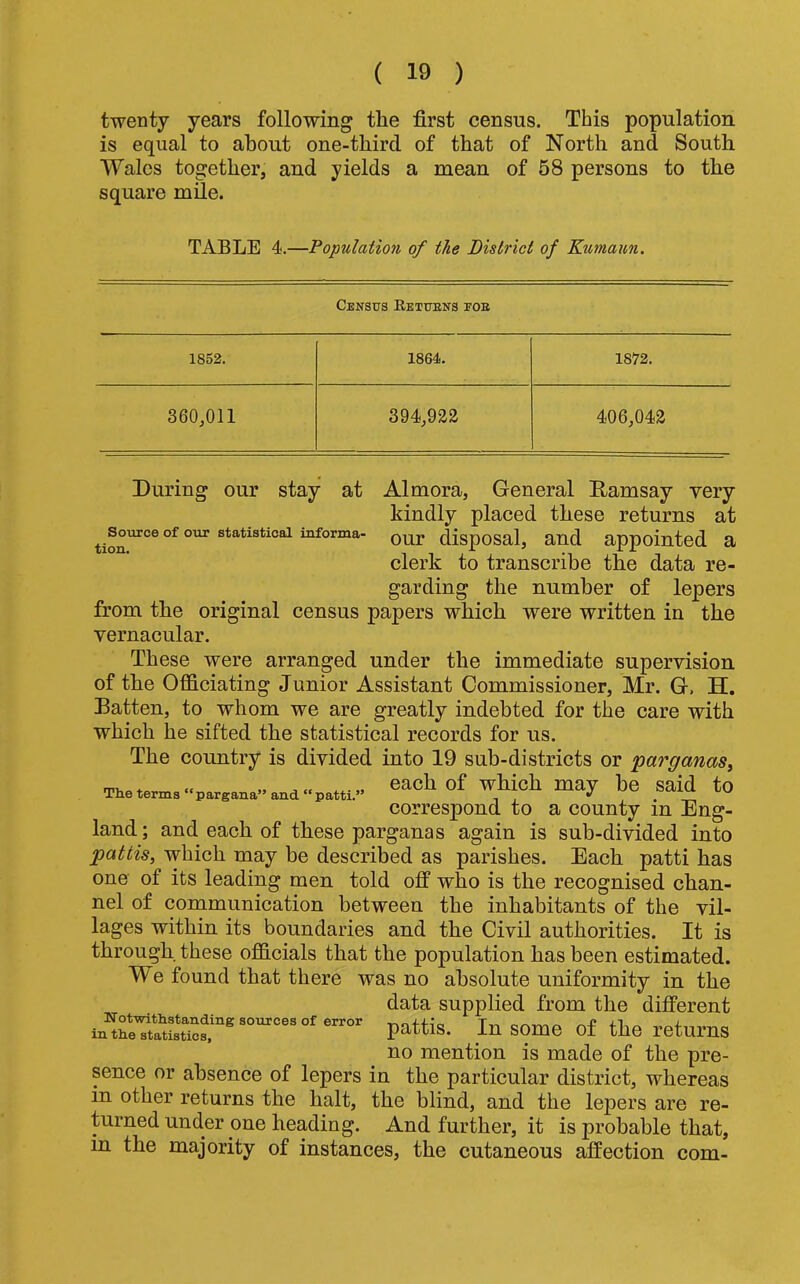 twenty years following tlie first census. This population is equal to about one-third of that of North and South Wales together, and yields a mean of 68 persons to the square mile. TABLE 4.—Population of the District of Kumaun. Census Eetuens eob 1852. 1864. 1872. 360,011 394,922 406,042 During our stay at Almora, General Damsay very kindly placed these returns at statistical informa- disposal, and appointed a clerk to transcribe the data re- garding the number of lepers from the original census papers which were written in the vernacular. These were arranged under the immediate supervision of the Officiating Junior Assistant Commissioner, Mr. G, H. Batten, to whom we are greatly indebted for the care with which he sifted the statistical records for us. The country is divided into 19 sub-districts or parganas, each of which may be said to correspond to a county in Eng- land ; and each of these parganas again is sub-divided into pattis, which may be described as parishes. Each patti has one of its leading men told off who is the recognised chan- nel of communication between the inhabitants of the vil- lages within its boundaries and the Civil authorities. It is through these officials that the population has been estimated. We found that there was no absolute uniformity in the data supplied from the different Pattis- In some Of the returns no mention is made of the pre- sence or absence of lepers in the particular district, whereas in other returns the halt, the blind, and the lepers are re- turned under one heading. And further, it is probable that, in the majority of instances, the cutaneous affection com-