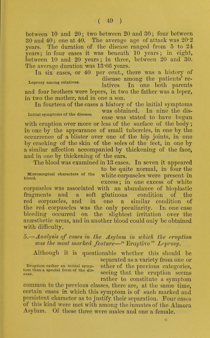 between 10 and 20; two between 20 and 30; four between 30 and 40; one at 40. The average age of attack was 20-2 years. The duration of the disease ranged from 6 to 24 years; in four cases it was beneath 10 years; in eight, between 10 and 20 years; in three, between 20 and 30. The average duration was 13’66 years. In six cases, or 40 per cent., there was a history of disease among the patients’ re- Leprosy among relatives, i i • t i j latives In one both parents and four brothers were lepers, in two the father was a leper, in two the mother, and in one a son. In fourteen of the cases a history of the initial symptoms was obtained. In nine the dis- Initial symptoms of tlie disease. ease was stated to have begun with eruption over more or less of the surface of the body; in one by the appearance of small tubercles, in one by the occurrence of a blister over one of the hip joints, in one by cracking of the skin of the soles of the feet, in one by a similar affection accompanied by thickening of the face, and in one by thickening of the ears. The blood was examined in 13 cases. In seven it appeared to be quite normal, in four the characters of the -v^hite coi’puscles Were present in excess; in one excess of white corpuscles was associated with an abundance of bioplastic fragments and a soft glutinous condition of the red corpuscles, and in one a similar condition of the red corpuscles was the only peculiarity. In one case bleeding occurred on the slightest irritation over the ansestlietic areas, and in another blood could only be obtained with difficulty. 5.—Analysis of cases in the Asylum in which the eruption was the most marked feature—“ Eruptive ” Leprosy. Although it is questionable whether this should be separated as a variety from one or Eruption rather an initial symp- other of the previous Categories, tom than a special form of the dis- • x ^ ease. Seeing that the eruption seems rather to constitute a symptom common to the previous classes, there are, at the same time, certain cases in which this symptom is of such marked and persistent character as to justify their separation. Four cases of this kind were met with among the inmates of the Almora Asylum. Of these three were males and one a female. G