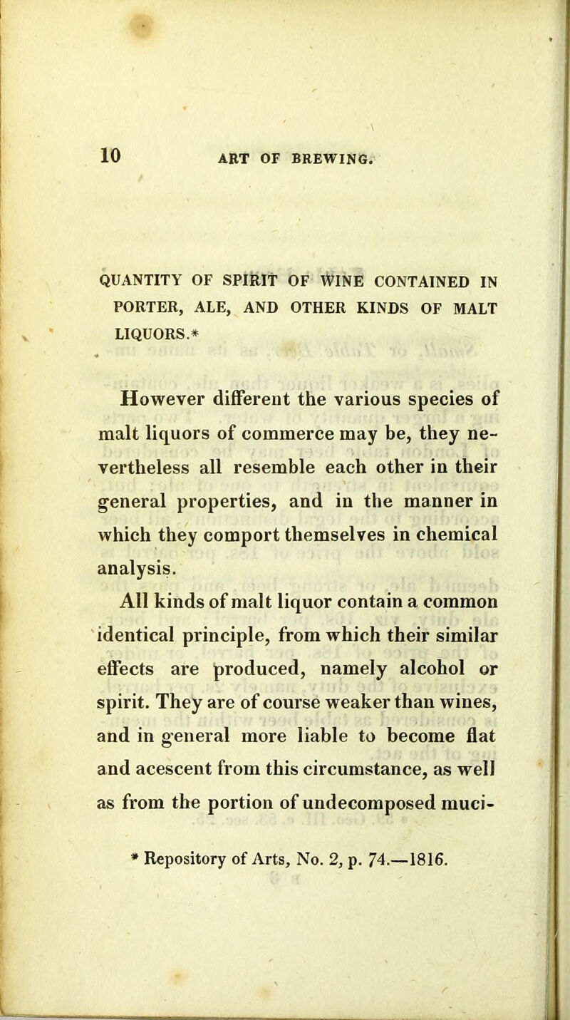 QUANTITY OF SPIfelT OF WINE CONTAINED IN PORTER, ALE, AND OTHER KINDS OF MALT LIQUORS * However different the various species of malt liquors of commerce may be, they ne- vertheless all resemble each other in their general properties, and in the manner in which they comport themselves in chemical analysis. All kinds of malt liquor contain a common identical principle, from which their similar effects are produced, namely alcohol or spirit. They are of course weaker than wines, and in general more liable to become flat and acescent from this circumstance, as well as from the portion of undecomposed muci- Repository of Arts, No. 2, p. 74.—1816.