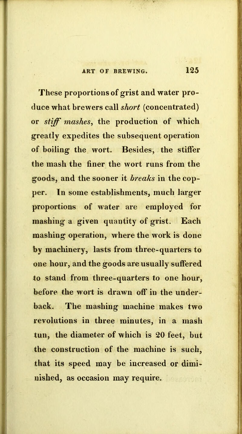 These proportions of grist and water pro- duce what brewers call short (concentrated) or stiffs mashes, the production of which greatly expedites the subsequent operation of boiling the wort. Besides, the stilFer the mash the finer the wort runs from the goods, and the sooner it breaks in the cop- per. In some establishments, much larger proportions of water are employed for mashing a given quantity of grist. Each mashing operation, where the work is done by machinery, lasts from three-quarters to one hour, and the goods are usually suffered to stand from three-quarters to one hour, before the wort is drawn off in the under- back. The mashing machine makes two revolutions in three minutes, in a mash tun, the diameter of which is 20 feet, but the construction of the machine is such, that its speed may be increased or dimi- nished, as occasion may require.