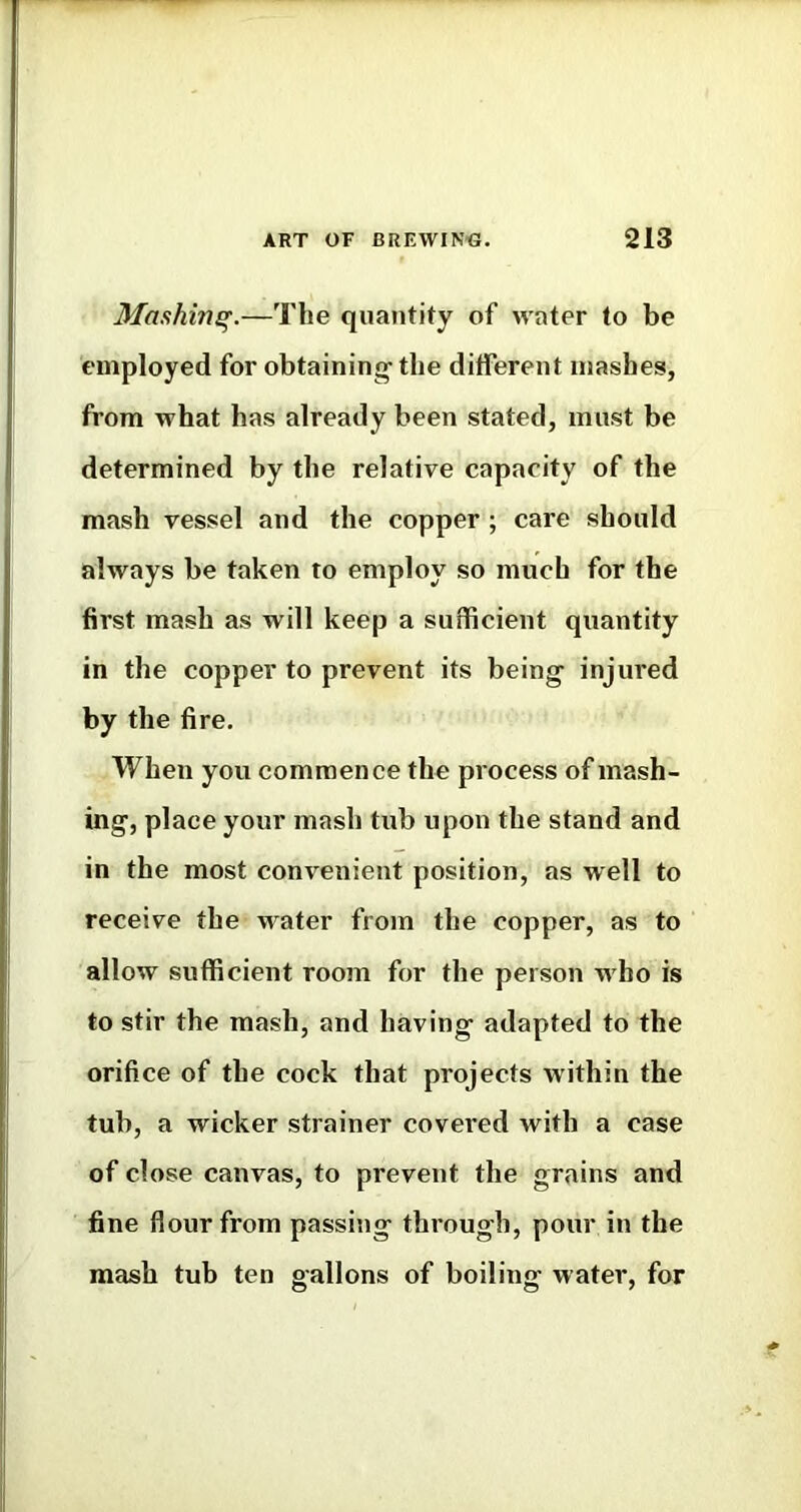Mashinq.—The quantity of water to be employed for obtaining'the different mashes, from what has already been stated, must be determined by the relative capacity of the mash vessel and the copper ; care should always be taken to employ so much for the first mash as will keep a sufficient quantity in the copper to prevent its being injured by the fire. When you commence the process of mash- ing, place your mash tub upon the stand and in the most convenient position, as well to receive the w'^ater from the copper, as to allow sufficient room for the person w'ho is to stir the mash, and having adapted to the orifice of the cock that projects within the tub, a wicker strainer covered with a case of close canvas, to prevent the grains and fine flour from passing through, pour in the mash tub ten gallons of boiling water, for