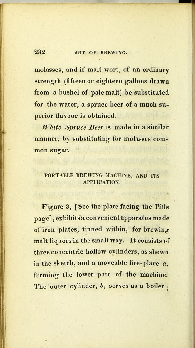 molasses, and if malt wort, of an ordinary strength (fifteen or eighteen gallons drawn from a bushel of pale malt) be substituted for the water, a spruce beer of a much su- perior flavour is obtained. White Spruce Beer is made in a similar manner, by substituting for molasses com- mon sugar. PORTABLE BREWING MACHINE, AND ITS APPLICATION. Figure 3, [See the plate facing the T4tle page], exhibits'a convenient apparatus made of iron plates, tinned within, for brewing malt liquors in the small way. It consists of three concentric hollow cylinders, as shewn in the sketch, and a moveable fire-place a, forming the lower part of the machine. The outer cylinder, b, serves as a boiler ;