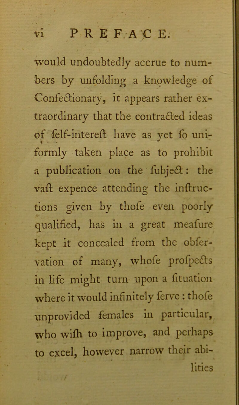 would undoubted! V accrue to num- bers by unfolding a knowledge of ConfedUonary, it appears rather ex- traordinary that the contra6ted ideas of felf-intereft have as yet fo uni- formly taken place as to prohibit a publication on the fubje(9:: the vaft expence attending the inftruc- tions given by thofe even poorly (qualified, has in a great meafure kept it concealed from the obfer- vation of many, whofe profpedls in life might turn upon a fituation where it would infinitely ferve : thofe unprovided females in particular, who wifh to improve, and perhaps to excel, however narrow their abi- lities