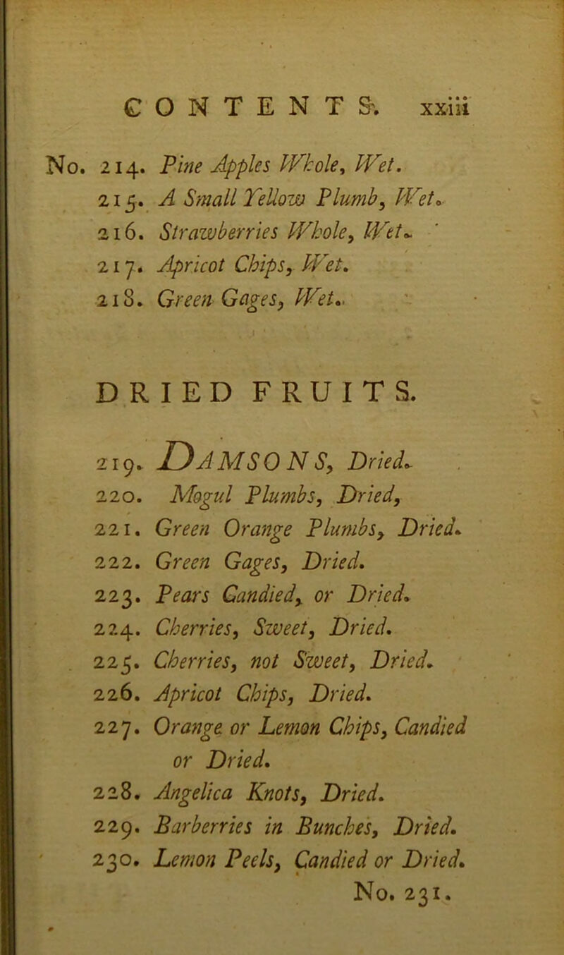 No. 214. Tine Applei Whole^ Wet. 215. A Small Tellom Plumb^ PFet^ 216. Strawberries Whole^ Wet^ 217. Apricot Chips, PP'et, 218. Green Gages, PVet,. \ ' DRIED FRUITS. 219. Damsons, Dried. 220. Mogul Plumbs, Dried, 221. Green Orange Plumbs, Dried.. 222. Green Gages, Dried. 223. Pears Candied, or Dried. 224. Cherries, Sweet, Dried. 225. Cherries, not Sweet, Dried. 2z6. Apricot Chips, Dried, 227. Orange or Lemon Chips, Candied or Dried. 228. Angelica Knots, Dried. 229. Barberries in Bunches, Dried. 230. Lemon Peels, Candied or Dried. No. 231.