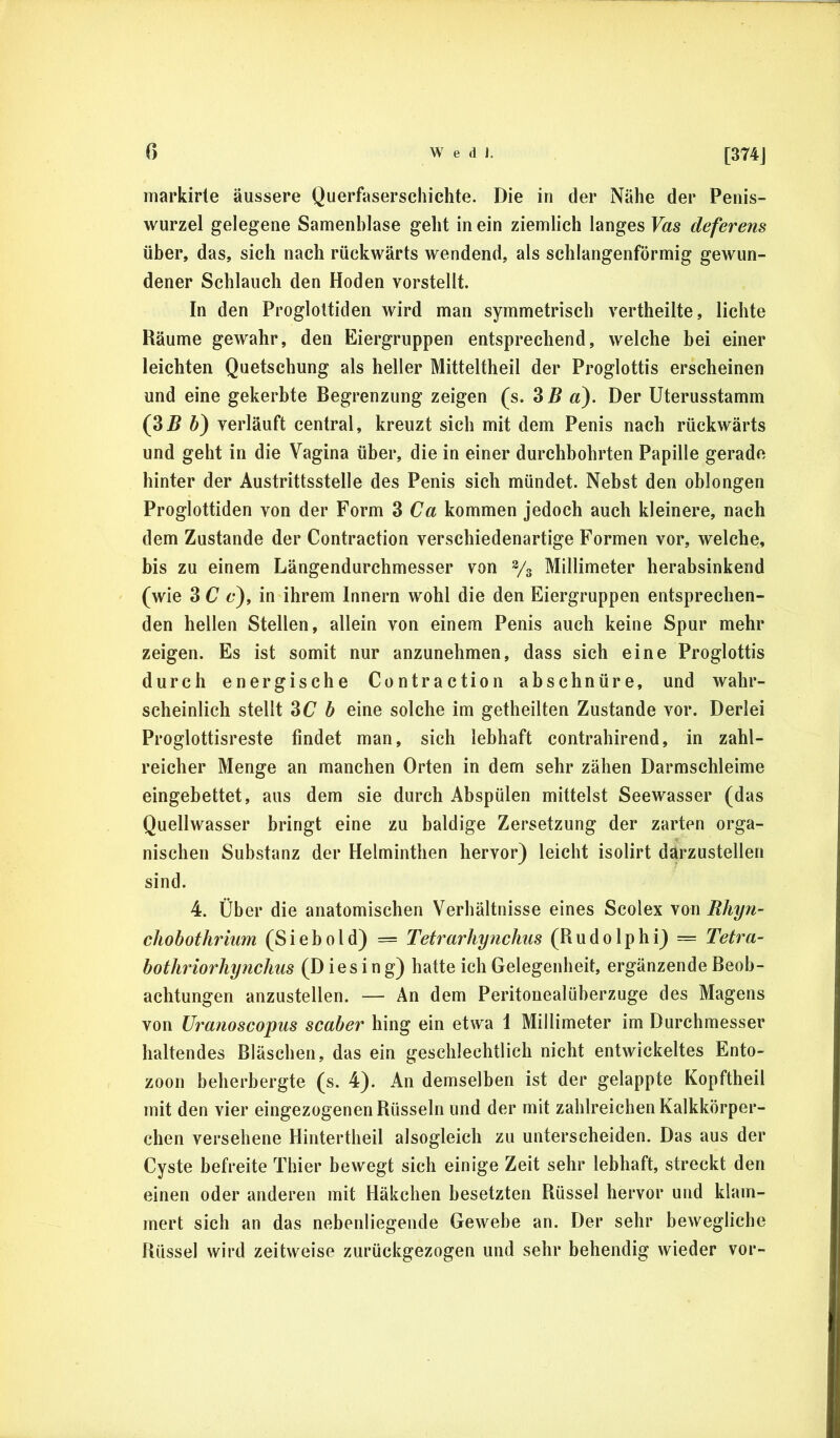 [374J inarkirte äussere Querfaserschichte. Die in der Nähe der Penis- wurzel gelegene Samenhlase geht in ein ziemlich langes Vas deferens über, das, sich nach rückwärts wendend, als schlangenförmig gewun- dener Schlauch den Hoden vorstellt. In den Progloltiden wird man symmetrisch vertheilte, lichte Räume gewahr, den Eiergruppen entsprechend, welche bei einer leichten Quetschung als heller Mitteltheil der Proglottis erscheinen und eine gekerbte Begrenzung zeigen (s. ZB a). Der Uterusstamm (ZB 5) verläuft central, kreuzt sich mit dem Penis nach rückwärts und geht in die Vagina über, die in einer durchbohrten Papille gerade hinter der Austrittsstelle des Penis sich mündet. Nebst den oblongen Proglottiden von der Form 3 Ca kommen jedoch auch kleinere, nach dem Zustande der Contraction verschiedenartige Formen vor, welche, bis zu einem Längendurchmesser von % Millimeter herabsinkend (wie 3 C 6-), in ihrem Innern wohl die den Eiergruppen entsprechen- den hellen Stellen, allein von einem Penis auch keine Spur mehr zeigen. Es ist somit nur anzunehmen, dass sich eine Proglottis durch energische Contraction abschnüre, und wahr- scheinlich stellt ZC b eine solche im getheilten Zustande vor. Derlei Proglottisreste findet man, sich lebhaft contrahirend, in zahl- reicher Menge an manchen Orten in dem sehr zähen Darmschleime eingebettet, aus dem sie durch Abspülen mittelst Seewasser (das Quellwasser bringt eine zu baldige Zersetzung der zarten orga- nischen Substanz der Helminthen hervor) leicht isolirt darzustellen sind. 4. Über die anatomischen Verhältnisse eines Scolex von Rhyn- chohothrium (Siebold) = Tetrarhynchus (Rudolphi) = Tetra- bothriorhynchus (D ies i ng) hatte ich Gelegenheit, ergänzende Beob- achtungen anzustellen. — An dem Peritonealüberzuge des Magens von Uranoscopus scaber hing ein etwa 1 Millimeter im Durchmesser haltendes Bläschen, das ein geschlechtlich nicht entwickeltes Ento- zoon beherbergte (s. 4). An demselben ist der gelappte Kopftheil mit den vier eingezogenenRüsseln und der mit zahlreichen Kalkkörper- chen versehene Hintertheil alsogleich zu unterscheiden. Das aus der Cyste befreite Thier bewegt sich einige Zeit sehr lebhaft, streckt den einen oder anderen mit Häkchen besetzten Rüssel hervor und klam- mert sich an das nebenliegende Gewebe an. Der sehr bewegliche Rüssel wird zeitweise zurückgezogen und sehr behendig wieder vor-