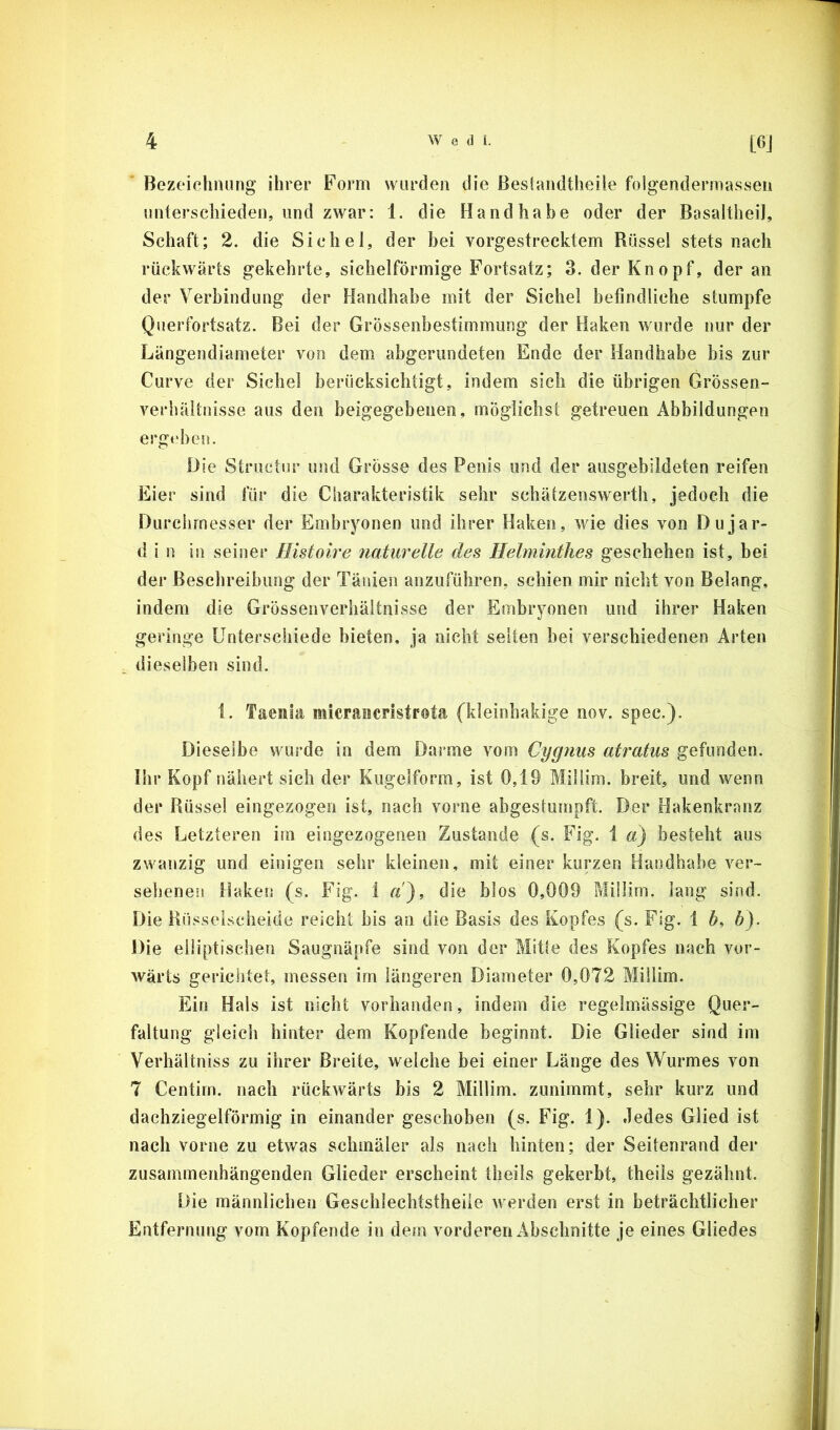 Bezeichnung ihrer Form wurden die ßesfandtheile folgendermassen unterschieden, lind zwar: 1. die Handhabe oder der Basaltheil, Schaft; 2. die Sichel, der bei vorgestrecktem Rüssel stets nach rückwärts gekehrte, sichelförmige Fortsatz; 3. der Knopf, der an der Verbindung der Handhabe mit der Sichel befindliche stumpfe Querfortsatz. Bei der Grössenbestimmung der Haken wurde nur der Längendiameter von dem abgerundeten Ende der Handhabe bis zur Curve der Sichel berücksichtigt, indem sich die übrigen Grössen- verhältnisse aus den beigegebenen, möglichst getreuen Abbildungen ergaben. Die Structur und Grösse des Penis und der ausgebildeten reifen Eier sind für die Charakteristik sehr schätzenswerth, jedoch die Durchmesser der Embryonen und ihrer Haken, wie dies von Dujar- d i n in seiner Histolre naturelle des Ilelmhithes geschehen ist, bei der Beschreibung der Tänien anzuführen, schien mir nicht von Belang, indem die Grössenverhältnisse der Embryonen und ihrer Haken geringe Unterschiede bieten, ja nicht selten bei verschiedenen Arten dieselben sind. 1. Taenia micraacristrota (kleinhakige nov. spec.). Dieselbe wurde in dem Darme vom Cygnus atratus gefunden. Ihr Kopf tiähert sich der Kugelform, ist 0,19 Millim. breit, und wenn der Rüssel eingezogen ist, nach vorne abgestumpft. Der Hakenkranz des Letzteren im eingezogenen Zustande (s. Fig. 1 a) besteht aus zwanzig und einigen sehr kleinen, mit einer kurzen Handhabe ver- sehenen Haken (s. Fig. i «'), die blos 0,009 Millim. lang sind. Die Rüsseischeide reicht bis an die Basis des Kopfes (s. Fig. i b, b). Die elliptischen Saugnäpfe sind von der Mitte des Kopfes nach vor- wärts gerichtet, messen im längeren Diameter 0,072 Millim. Ein Hals ist nicht vorhanden, indem die regelmässige Quer- faltung gleich hinter dem Kopfende beginnt. Die Glieder sind im Verhältniss zu ihrer Breite, welche bei einer Länge des Wurmes von 7 Centirn. nach rückwärts bis 2 Millim. zunimmt, sehr kurz und dachziegelförmig in einander geschoben (s. Fig. 1). Jedes Glied ist nach vorne zu etwas schmäler als nach hinten; der Seitenrand der zusammenhängenden Glieder erscheint theils gekerbt, theils gezähnt. [>ie männlichen Geschlechtstheile werden erst in beträchtlicher Entfernung vom Kopfende in dem vorderen Abschnitte je eines Gliedes