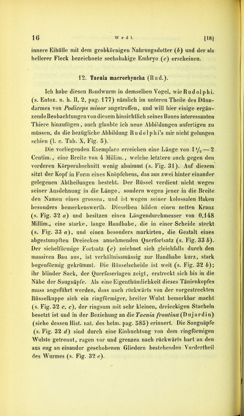 innere Eihülle mit dem grobkörnigen Nahrungsdotter (6) und der als hellerer Fleck bezeichnete sechshakige Embryo (c) erscheinen. 12. Taenia macrorhyncha (Rud.). Ich habe diesen Bandwurm in demselben Vogel, wieRudolphi. (s. Entoz. n. h. II, 2, pag. 177) nämlich im unteren Theile des Dünn- darmes von Podiceps minor angetroffen, und will hier einige ergän- zende Beobachtungen von diesem hinsichtlich seines Baues interessanten Thiere hinzufügen, auch glaubte ich neue Abbildungen arifertigen zu müssen, da die bezügliche Abbildung Rudolphi’s mir nicht gelungen schien (1. c. Tab. X, Fig. b). Die vorliegenden Exemplare erreichen eine Länge von ^ Centim., eine Breite von 4 Miliim., welche letztere auch gegen den vorderen Körperabschnitt wenig abnimmt (s. Fig. 31). Auf diesem sitzt der Kopf in Form eines Knöpfchens, das aus zwei hinter einander gelegenen Abtheilungen besteht. Der Rüssel verdient nicht wegen seiner Ausdehnung in die Länge, sondern wegen jener in die Breite den Namen eines grossen, und ist wegen seiner kolossalen Haken besonders bemerkenswerth. Dieselben bilden einen netten Kranz (s. Fig. 32 a) und besitzen einen Längendurchmesser von 0,148 Miliim., eine starke, lange Handhabe, die in einer Scheide steckt (s. Fig. 33 fit), und einen besonders markirten, die Gestalt eines abgestumpften Dreieckes annehmenden Querfortsatz (s. Fig. 33 6). Der sichelförmige Fortsatz (<?) zeichnet sich gleichfalls durch den massiven Bau aus, ist verhältnissmässig zur Handhabe kurz, stark bogenförmig gekrümmt. Die Rüsselscheide ist weit (s. Fig. 32 6); ihr blinder Sack, der Querfaserlagen zeigt, erstreckt sich bis in die Nähe der Saugnäpfe. Als eine Eigenthümlichkeit dieses Tänienkopfes muss angeführt werden, dass nach rückwärts von der vorgestreckten Rüsselkuppe sich ein ringförmiger, breiter Wulst bemerkbar macht (s. Fig. 32 c, c), der ringsum mit sehr kleinen, dreieckigen Stacheln besetzt ist und in der Beziehung an Taenia frontina(J) w]^v^in) (siehe dessen Hist. nat. des heim. pag. 383) erinnert. Die Saugnäpfe (s. Fig. 32 d) sind durch eine Einbuchtung von dem ringförmigen Wulste getrennt, ragen vor und grenzen nach rückwärts hart an den aus eng an einander geschobenen Gliedern bestehenden Vordertheil des Wurmes (s. Fig. 32 ^).