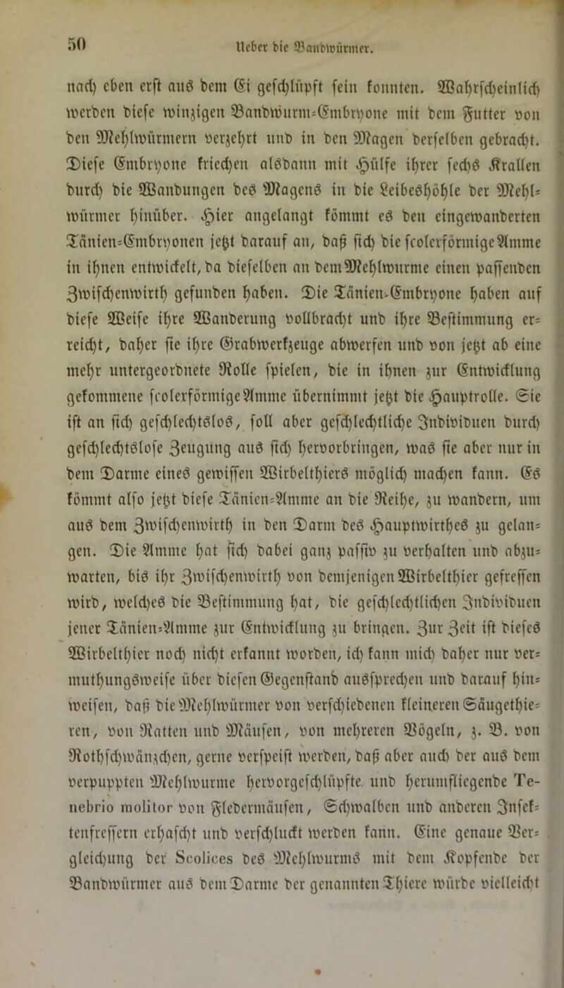 und) eben erft and bem @i gefdjiüpft fein tonnten. 2ßal)r[d)einlid) u^erben biefe windigen SöanbibnrnuSmbrpone mit bem gutter oon ben 9}iel}lmürmern oerjel)tt nnb in ben 9J?ogen berfelben gebrad)t. 2)iefe (Sinbepone fvied}en alöbnnn mit .i^ülfe i^rer [ed)d .Tratten bnrd) bie SBanbungen bed 'Bangend in bie Seibedtjö^le ber ÜJie^U münner t)innber. .i^ier ongelangt fömmt ed ben eingemanberten 5!nnien'@mbrponen je^t baranf an, baf ftd) biefcoIerförmigeSImme in i^nen entmirfelt, ba biefelben nn bem?!Ke^lmnrme einen pafjenben 3mifd)emvirt^ gefunben i^aben. 5)ie 2!cinien>6mbrpone ^aben auf biefe SBeife it)re SBanberung »onbrad)t unb ihre 33eftimmung er= reid)t, halber fie i^re ©rabmerfjeuge abmerfen unb uon je^t ab eine me^r untergeorbnete Stolle fpielen, bie in ihnen jur (Sntmiefiung gefommene fcoterförmige9lmme übernimmt je(jt bie .:^auptrolIe. 0ie ift an ftd) gefd)Ied)td(od, folt aber gefd)le(htlid)e 3nbiPibnen bnrd) gefd)Iecbtölofe ßeugnng and ftd) l)eroorbringen, mad fie aber nur in bem 3)arme eined getniffen 3öirbeltl)ierd möglid) mnd)en fann. @d fömmt alfo je(}t biefe 3!nnien=5(mme an bie Steife, jn manbern, nm and bem 3'vifd)cmoirtt) in ben 2)arm bed .g)auptmirtf)ed jn gelan= gen. 2)ie Simme l)at ftd) babei ganj pafft» jn »erhalten unb abjtt: märten, bid il)r 3wifd)em»irth »on bemjenigenSßirbelthier gefreffen mirb, t»eld)ed bie 35eftimmnng hat, bie gefd)(ed)tlid)en 3nbi»ibncti ienec ilanien=?lmme äiir @nh»idlttng jn bringen. 3im 3fit ift biefcd SBirbelthicr nod) nid)t erfannt morben, id) fann mid) baher nur »er= muthungdmeife über biefen ©egenftanb attdfpred)en unb baranf hin= meifen, bap bieS)tehtmürnter »on »erfd)iebenen fleitieren ©augethie= ren, »on SJatten nnb SOtänfen, »on mehreren 93ögeln, j. 33. »on 9tothfd)t»än,td)en, gerne »erfpeift merben, baf aber and) ber and bem »erpuppten ÜJtehlunirme hcf»orgefd)(üpfte. unb hcntmftiegenbe Te- nebrio moliior »on gü’bermättfen, ©d)t»a(ben nnb anberen 3nfef= tenfreffern erl}afd)t nnb »erfd)lndt »»erben fann. Sine genaue 93er= gleid)ttng ber Scolices bed ■Btchlmnrmd mit bem ötopfenbe ber 33anbmürnter and bent 3)arnte ber genannten Shiere mürbe »ie((eid)t