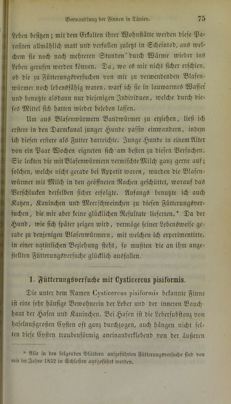 Se6cn bcftljcn; initbem (Srfnitcu ihrer 9ßof)nftattc werben biefe rnfiten aUmä^tid) matt nnb verfntleu juie^t in gct}eintob, nu6 wel' d)em fte nod) nad) mei^reren ©timben'biird) SBarnie wieber inö Sieben gerufen werben fonnen. 2)n, wo ed mir nid)t ftd)er erfd)ien, ob bie ju gütterHngdoer[ud)en oon mir jn »erwenbenben S3(afen= Würmer nod) iebendfdi)ig waren, warf id) fte’ i» (auwarmed Sßaffef nnb benn^te alöbann nur bieienigen 3nbioibuen, weld)e bnrd) bie= feö 3)?itte( ftd) f)atten wieber beieben (affen. Ilm and Slafenwiirmcrn 33anbwürmer ju erjie^en, iiefi id) erftere in ben iDarmfanal junger J^unbe paffw cinwaubern, inbein id) biefen erftere aid gidter barreid)te. 3unge .^unbe in einem Slliter oon ein SPaar 2Bod)en eigneten fid) am beften ju biefen 23erfiid)en. Sie (edten bie mitSBiafenwürmern 0ermifd)te9JiÜd) ganj gerne auf; foId)en, weid)e nid)t gerabc bei Sippetit waren, würben bie 33(afen= Würmer mit 9JiiId) in ben geöffneten 9lad)en gcfd)üttet, worauf bad Sßerfd)(udcu berfelbeu fid)cr erfolgte. Sinfangd betrübte id) and) i?ajjen, Äanind)en unb 9)?eerfd)Weind)en ju biefen gütterungdoer= tuchen, bie mir aber feine giüdli^en fRefuitate lieferten.* 2)a ber ..^unb, wie ftd) fpeiter jeigen wirb, oermöge feiner Sebeudweife ge= rabe ju benjenigeu SBiafenwürmern, mit we(d)en id) erperimentirte, in einer natürlichen Sejiehuug ftel)t, fo mupten bie an il)iu ange= ftellten gütterungdOerfud)e glüdlid) audfallen. 1. mit Cysticercus pisiformis. IDie unter bein 9?amen Cy.slicercus pisiformis befanute f^iune ift eine fehr höi'fiöf 33ewol)uerin ber Seber unb Oer inneren S3aud)- haut ber ^afen unb Äaniud)en. 33ei .öofen ift bie Seberfubftanj r>on hafelnupgropen (Si)ften oft ganj burd)jogen, and) hangen nid)t fel= teil biefe (St)ften traubenförmig aneinanberflebenb oon ber äuperen * 9ll(e m ben folflenbcn 23lälterii oufgcfut)tlen 5iittening4»crfud)c ftnb »cii mit im 3nf)tc 1852 in ©d)lefifi' an«gcfii()vt irctben.