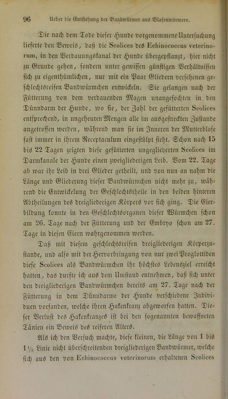 2)ic nad) bem !Xobc bicfcv Jpunbe »orgcuommcncUiucrfud)ung lieferte bcii 33etveid, bn(j bie Scolices bed Echinococcus velerino- nim, in beii 93evbninmgefnual ber .^unbe iibergevflanjt, l)ier nid}t ju ©niube gelten, [oiibevn unter getniffen günftigen 33erl;ältniffen fid) JU eigcntljüm(id)en, nur mit ein ‘4^nar ©liebem t>erfe()cnen gc= [d)(ed)tdreifen 33anbunirnid)cn entmicfeln. 6ie gelangen nad) ber gütternng bon bem »erbauenben 93?agen nnangefod)ten in ben !5)nnnbarm ber ^unbe, mc fte, ber 3af)I ber gefütterten Scolices entfpred)cnb, in nngel)enren SRcngen alle im audgeftredten 3nftanbe angetroffen merben, mäl)renb man fic im inneren ber 9)?utterblafe faft immer in il)rem 9^eeeptae^Ium eingeftülpt ftel)t. @d)on nad) 15 bid 22 2!agen jeigten biefe gefütterten nngegtieberten Scolices im 2)nrmfana(c ber J^unbe einen jmeiglieberigen Seib. 23om 22. 3!age ab mar ü)r Scib in brei ©lieber gctl)eilt, nnb »on nun an nal)m bic Sänge nnb ©liebernng biefer 23anbmürmd)en nid)t mel)r jn, mäl^= renb bie ©ntmidclung ber ©cfd)lcd)tdtl)eilc in ben beiben f)interen 2lbtl)eilnngen bed breiglicberigen jlörperd vor fid) ging. 2)ie @ier= bilbung fonnte in ben ©efd)led)tdorganen biefer 2Bürmd)en fd)on am 26. Hage nad) ber Fütterung nnb ber @mbri)o fd)on am 27. Hage in biefen ©iern maf)rgcnommen merben. H)ap mit biefem gefd)led)tdreifcn breiglieberigen jtörperju= ftanbe, nnb alfo mit ber«^eroorbringnng oon nur jmei5]3rogtottiben biefe Scolices ald S3anbmürmd)en il)r l^öd)fted Sebendjiel crrcid)t I)atteU/ bad burfte id) and bem llmftanb cntnel)men, bap ftd) unter ben breiglieberigen 33anbmürmd)en bereitd am 27. Hage nac^ ber gütternng in bem Hünnbarme ber ^nnbe ocrfd)icbcne 3nbioi= bnen »orfanben, meld)e il)ren .^afenfranj nbgemorfen Ratten. H)ie= fer Slcrlnft bed «i^nfenfranjed ift bei ben fogenannten bemaffneten Hnnien ein 33emeid bed reiferen 5llterd. Slld id) ben 33erfud) mad)tc, biefe fleinen, bie Sänge von 1 bid iVu Sinie nid)t überfd)rcitenben breiglicberigen 53anbmürmer, meld)e ftd) and ben bon Echinococcus vctcriiioruin erl)altencn Scolices