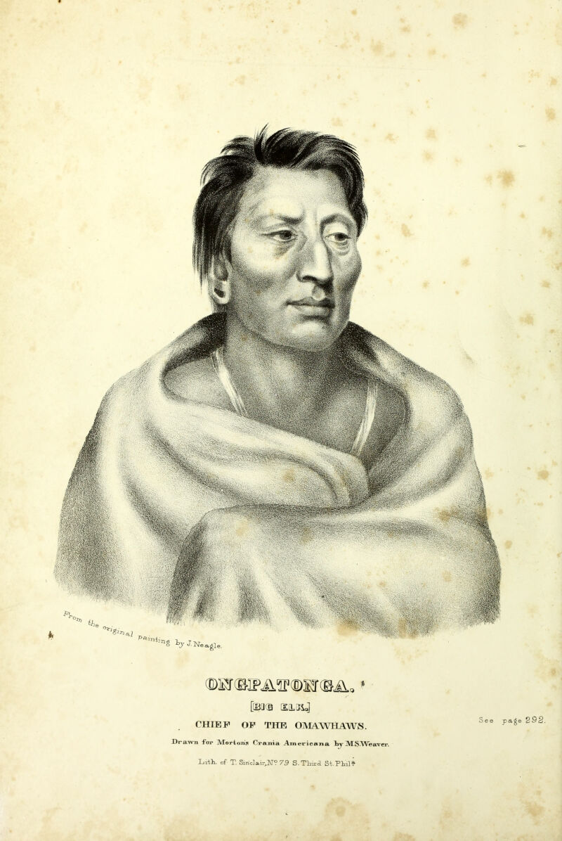 9 [©3® UtLt&a] CHIEF OF THE OJV4AWHAWS. Drawn for JV/Tortoxis Crania Americana liy MS Weaver. Liih. of T. Siric]air,]M? 79 S.TLird St.PM?' See pa^e 292.