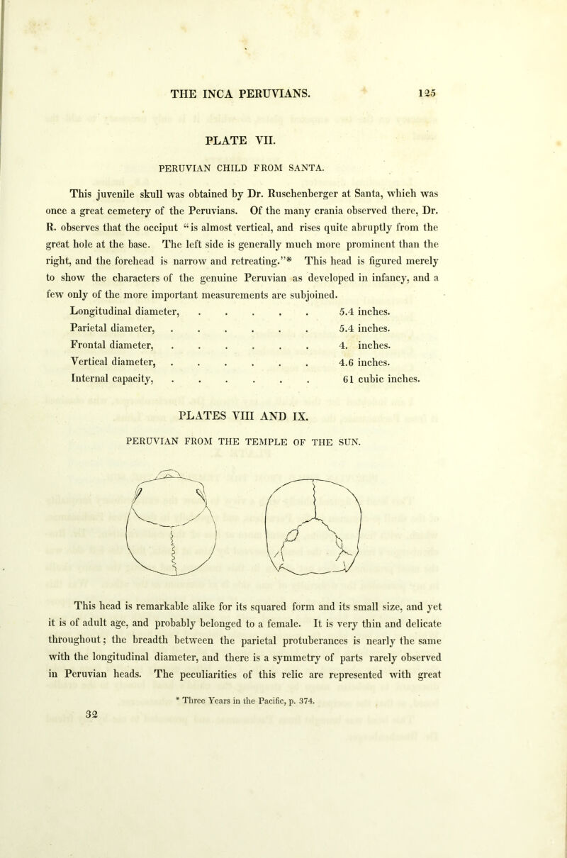 PLATE VII. PERUVIAN CHILD FROM SANTA. This juvenile skull was obtained by Dr. Ruschenberger at Santa, which was once a great cemetery of the Peruvians. Of the many crania observed there, Dr. R. observes that the occiput “ is almost vertical, and rises quite abruptly from the great hole at the base. The left side is generally much more prominent than the right, and the forehead is narrow and retreating.”* This head is figured merely to show the characters of the genuine Peruvian as developed in infancy, and a few only of the more important measurements are subjoined. Longitudinal diameter, ..... 5.4 inches. Parietal diameter, Frontal diameter, Vertical diameter, Internal capacity, 5.4 inches. 4. inches. 4.6 inches. 61 cubic inches. PLATES VIII AND IX. PERUVIAN FROM THE TEMPLE OF THE SUN. This head is remarkable alike for its squared form and its small size, and yet it is of adult age, and probably belonged to a female. It is very thin and delicate throughout; the breadth between the parietal protuberances is nearly the same with the longitudinal diameter, and there is a symmetry of parts rarely observed in Peruvian heads. The peculiarities of this relic are represented with great 32 * Three Years in the Pacific, p. 374.