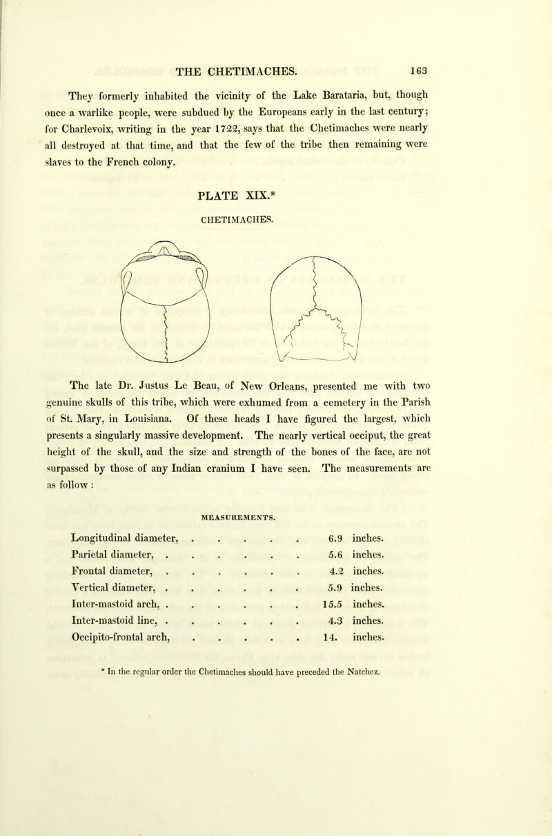 They formerly inhabited the vicinity of the Lake Barataria, but, though once a warlike people, were subdued by the Europeans early in the last century; for Charlevoix, writing in the year 1722, says that the Chetimaches were nearly all destroyed at that time, and that the few of the tribe then remaining were slaves to the French colony. PLATE XIX.* CHETIMACHES. The late Dr. Justus Le Beau, of New Orleans, presented me with two genuine skulls of this tribe, which were exhumed from a cemetery in the Parish of St. Mary, in Louisiana. Of these heads I have figured the largest, which presents a singularly massive development. The nearly vertical occiput, the great height of the skull, and the size and strength of the bones of the face, are not surpassed by those of any Indian cranium I have seen. The measurements are as follow : Longitudinal diameter, MEASUREMENTS. 6.9 inches. Parietal diameter, . 5.6 inches. Frontal diameter, . 4.2 inches. Vertical diameter, . . 5.9 inches. Inter-mastoid arch, . • 15.5 inches. Inter-mastoid line, . • 4.3 inches. Occipito-frontal arch, • • 14. inches. * In the regular order the Chetimaches should have preceded the Natchez.