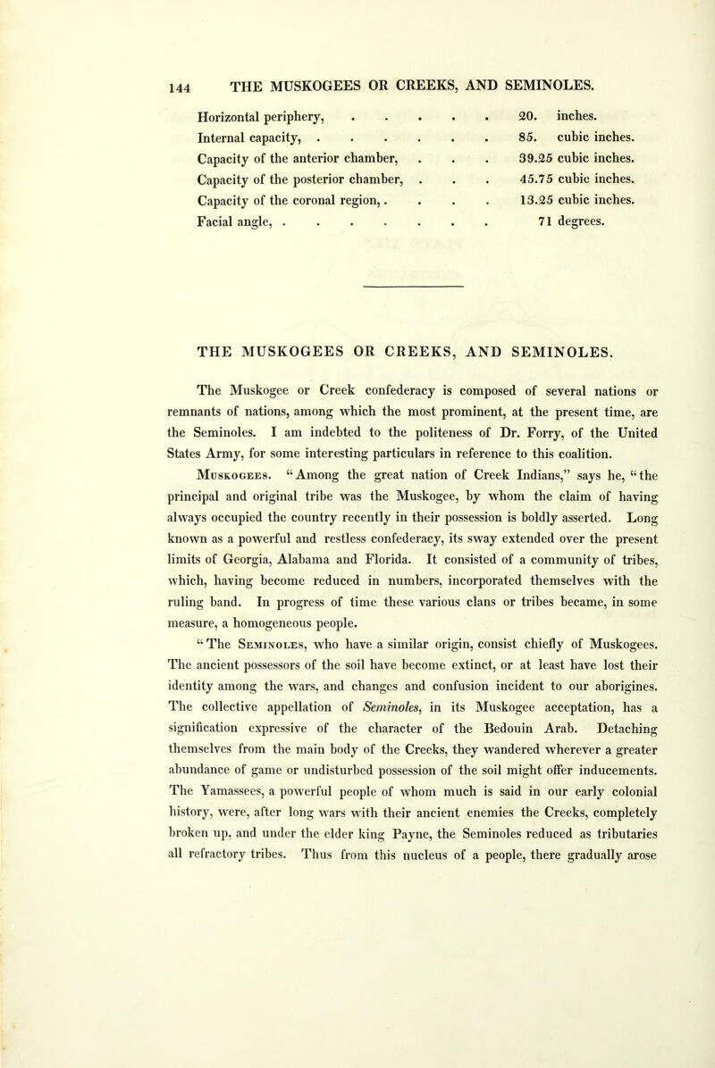 144 THE MUSKOGEES OR CREEKS, AND SEMINOLES. Horizontal periphery, Internal capacity, .... Capacity of the anterior chamber, Capacity of the posterior chamber, . Capacity of the coronal region,. Facial angle, ..... 20. inches. 85. cubic inches. 39.25 cubic inches. 45.75 cubic inches. 13.25 cubic inches. 71 degrees. THE MUSKOGEES OR CREEKS, AND SEMINOLES. The Muskogee or Creek confederacy is composed of several nations or remnants of nations, among which the most prominent, at the present time, are the Seminoles. I am indebted to the politeness of Dr. Forry, of the United States Army, for some interesting particulars in reference to this coalition. Muskogees. “Among the great nation of Creek Indians,” says he, “the principal and original tribe was the Muskogee, by whom the claim of having always occupied the country recently in their possession is boldly asserted. Long known as a powerful and restless confederacy, its sway extended over the present limits of Georgia, Alabama and Florida. It consisted of a community of tribes, which, having become reduced in numbers, incorporated themselves with the ruling band. In progress of time these various clans or tribes became, in some measure, a homogeneous people. “ The Seminoles, who have a similar origin, consist chiefly of Muskogees. The ancient possessors of the soil have become extinct, or at least have lost their identity among the wars, and changes and confusion incident to our aborigines. The collective appellation of Seminoles, in its Muskogee acceptation, has a signification expressive of the character of the Bedouin Arab. Detaching themselves from the main body of the Creeks, they wandered wherever a greater abundance of game or undisturbed possession of the soil might offer inducements. The Yamassees, a powerful people of whom much is said in our early colonial history, were, after long wars with their ancient enemies the Creeks, completely broken up, and under the elder king Payne, the Seminoles reduced as tributaries all refractory tribes. Thus from this nucleus of a people, there gradually arose